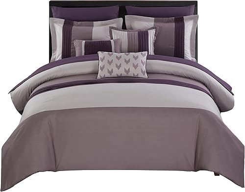 Miniatura 14 de Chic Home Ayelet - Juego de edredón de cama en una bolsa, tamaño King (10 piezas), ropa de cama de microfibra de alta calidad a rayas de color