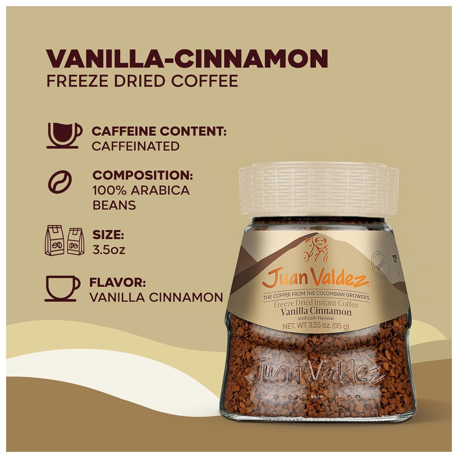Juan Valdez Freeze-Dried Instant Coffee - Vanilla Cinnamon Flavor | 100% Colombian Arabica Beans | Sweet & Aromatic 100% Colombian Coffee | 3.35 oz / 95 g Jar | Easy to Prepare | 6 Pack