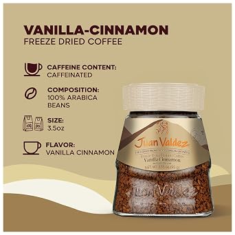 Juan Valdez Freeze-Dried Instant Coffee - Vanilla Cinnamon Flavor | 100% Colombian Arabica Beans | Sweet & Aromatic 100% Colombian Coffee | 3.35 oz / 95 g Jar | Easy to Prepare