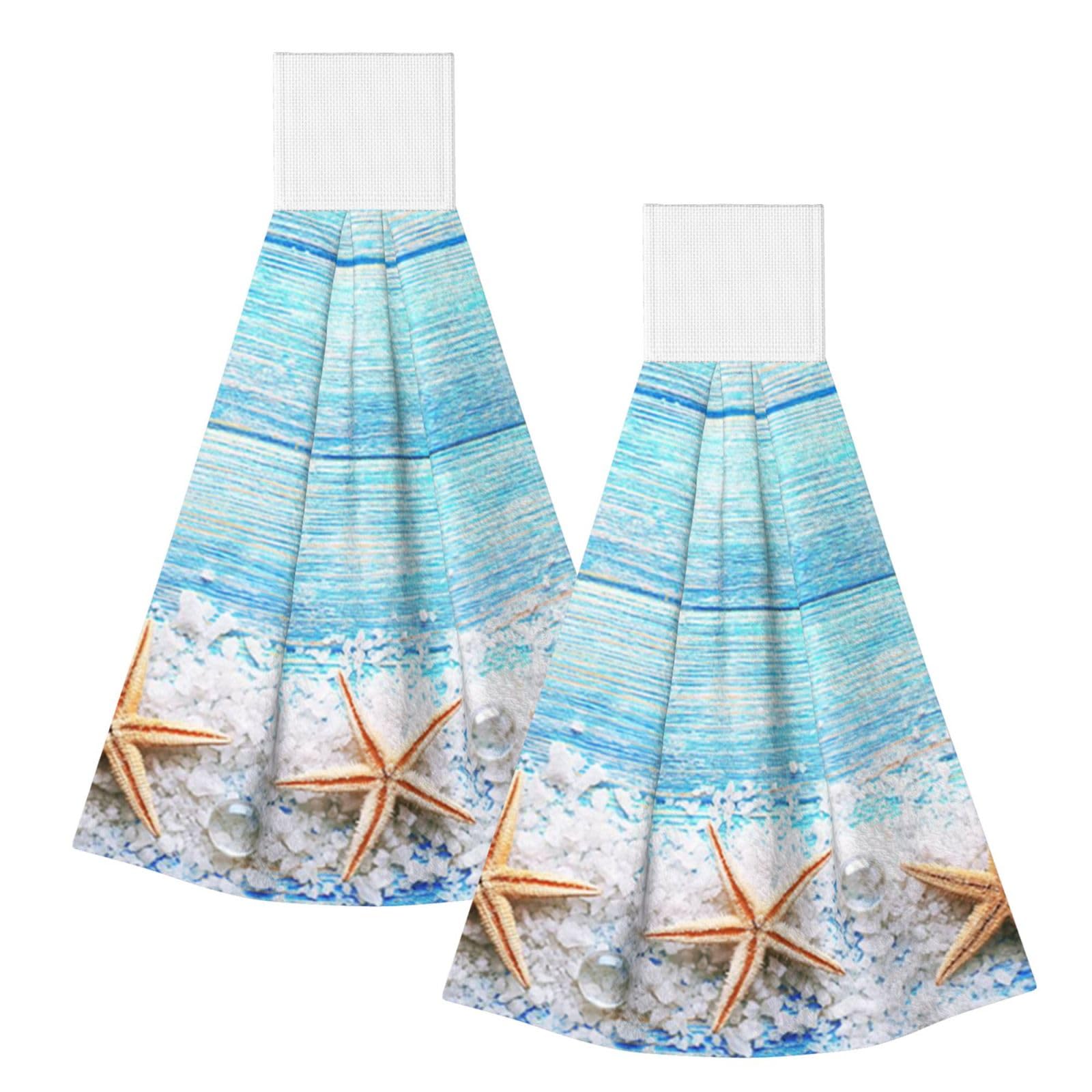DOPKLNA Sea Stars On Sea Salt, 2 Pcs Hanging Coral Fiber Hand Towels for Bathroom, Absorbent Kitchen Towels