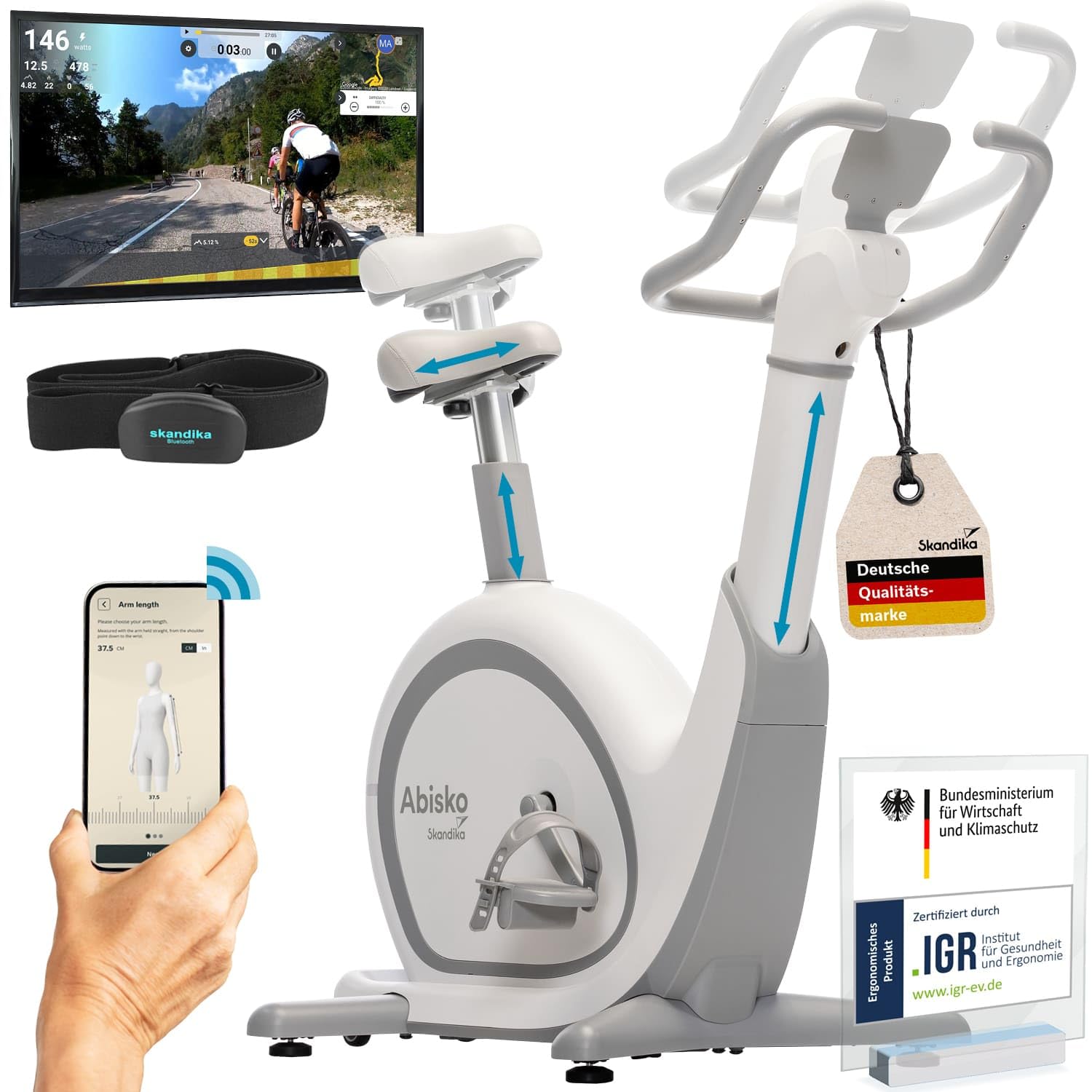 Skandika Ergometer Abisko Weltneuheit | Premium EMS-Widerstand, Smarter Heimtrainer App Steuerung, Automatische Lenker & Satteleinstellung, 36 Widerstandsstufen | Fahrrad Hometrainer für Zuhause