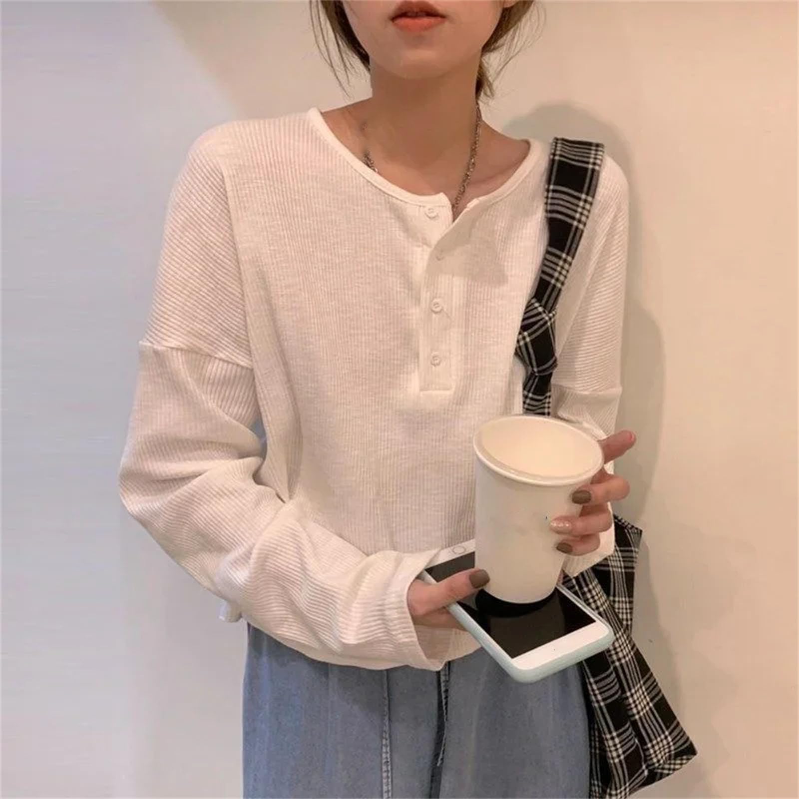 Tinta unita Maglia Basic T-Shirt Donna Casual Girocollo Pulsante Decorazione Manica Lunga Top Donna