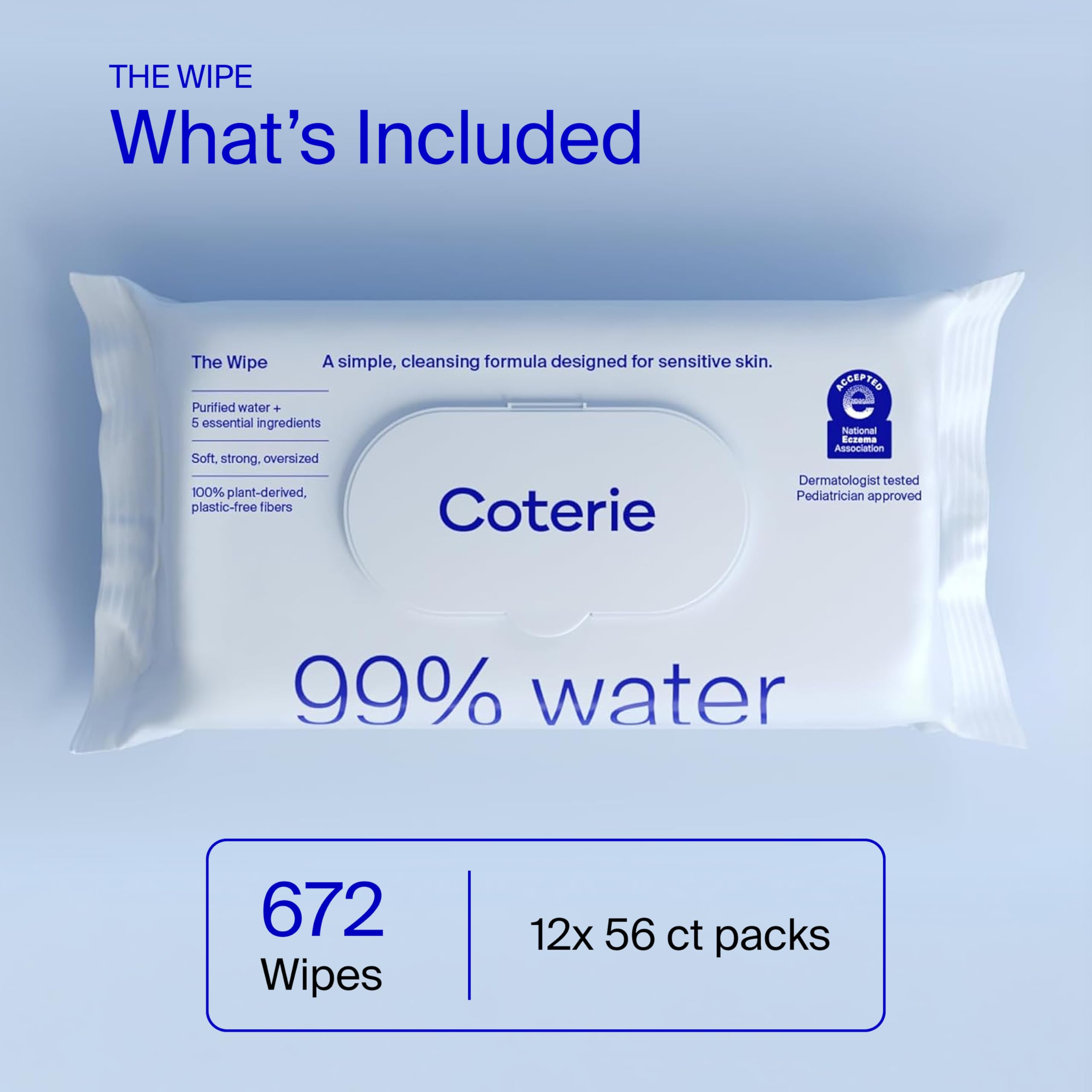 Coterie Toallitas húmedas para bebés para pieles sensibles, a base de plantas y fibras sin plástico, 99% de agua, hipoalergénicas, pH equilibrado, sin perfume, esenciales para bebés limpios y suaves