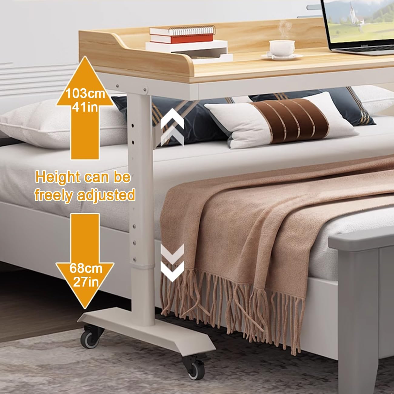 Scrivania da letto regolabile con cassetto girevole a 360°, scrivania da ufficio mobile per casa e ospedale, 150 cm, ideale per lavoro e studio