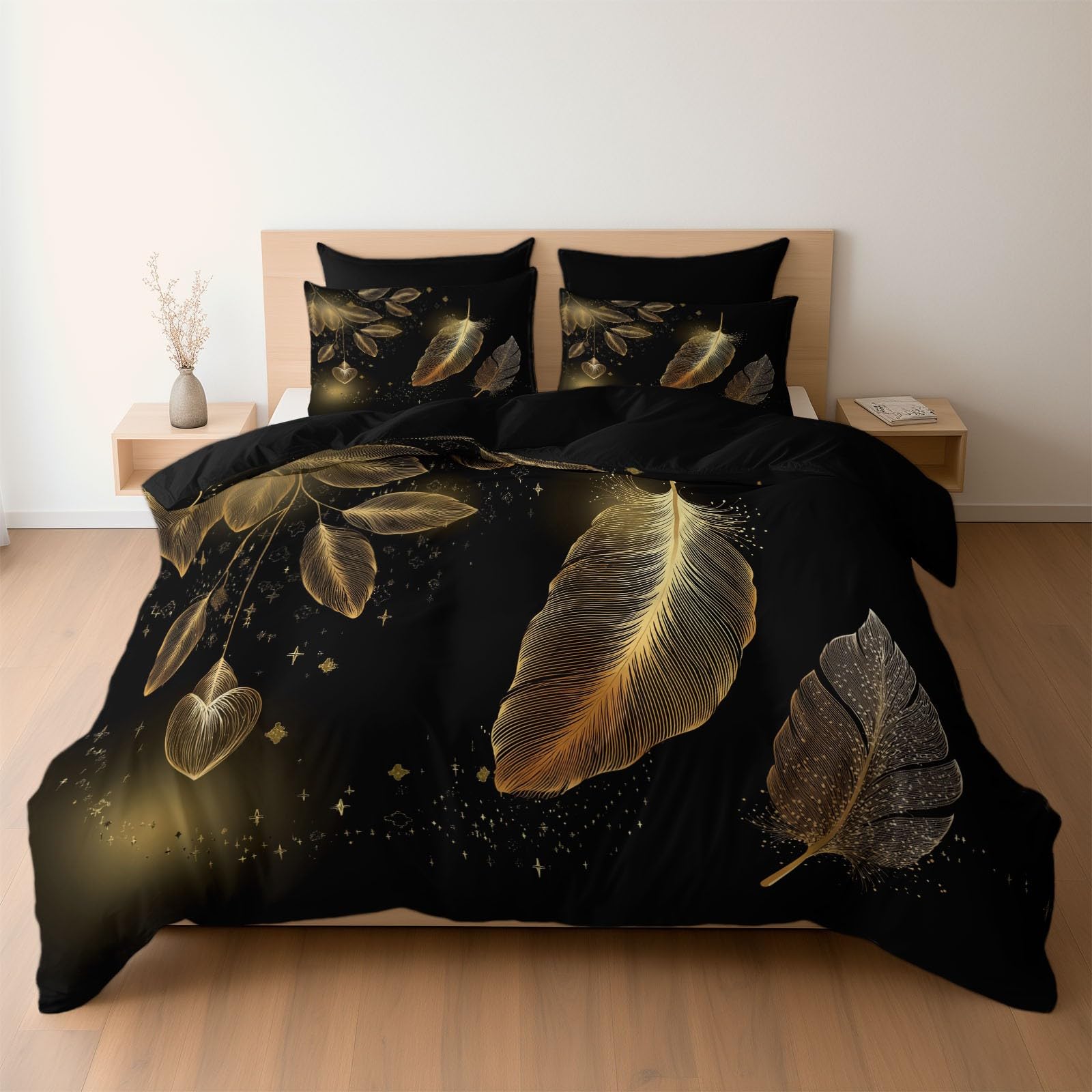 Housse de couette luxe 220 x 240 cm imprimé plumes avec taies d'oreiller douces