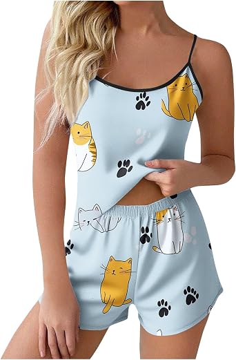 Summer Pajama Set for Women 2 Piece Sleeveless Cami Tank Top and Shorts Lightweight Floral Print Pjs Sets Sleepwear