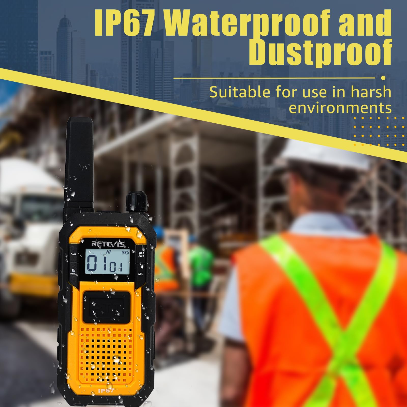 Retevis RB648 Walkie Talkie Impermeabile, Walkie Talkies Resistente, Tripla Prova Avanzata, IP67 Doppio PTT, Vibrazione SOS, Radio Bidirezionale 2000 mAh con Auricolare per Cantiere (2 Pezzi, Giallo)