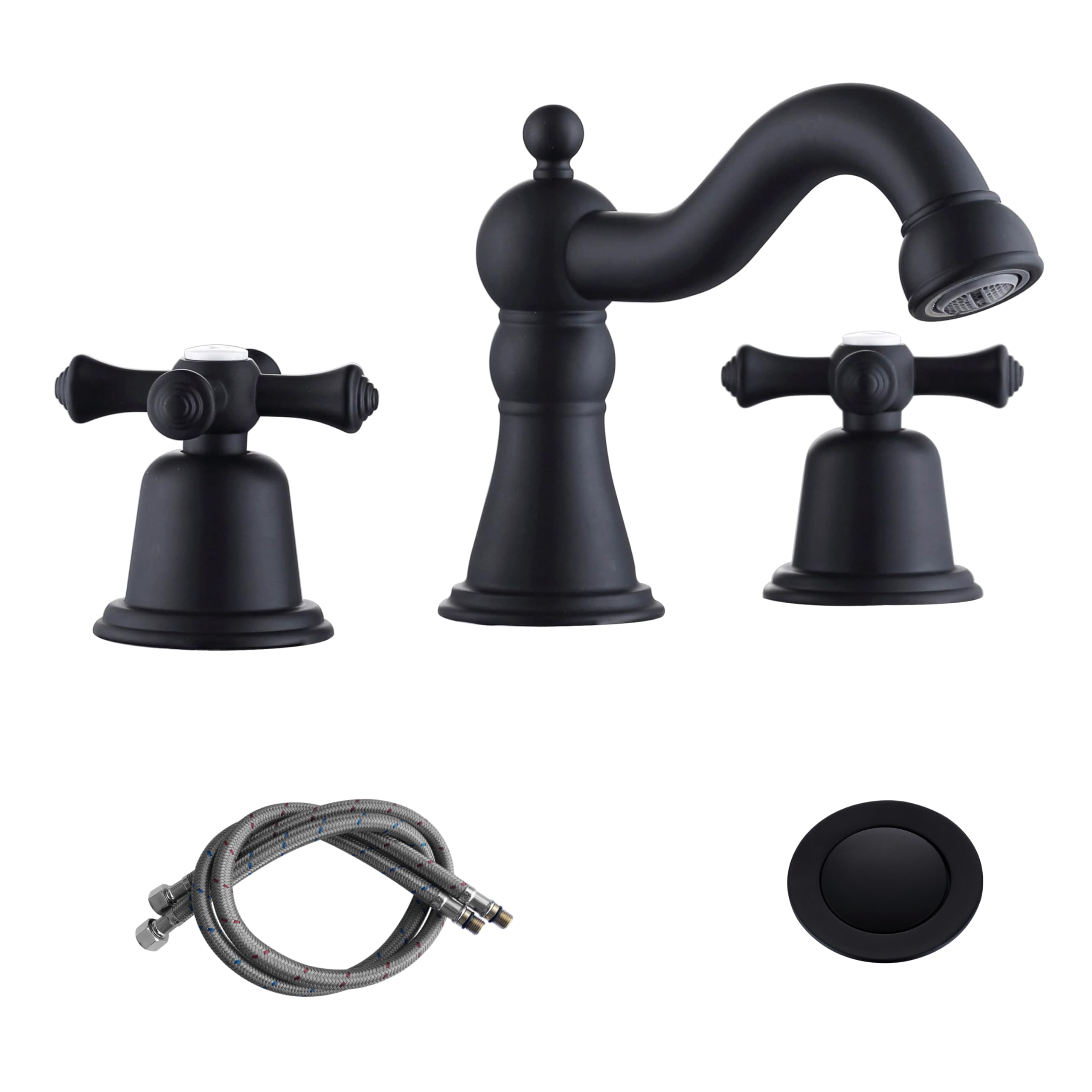 RKF Bathroom Faucets for Sink 3 Hole Black 8 inch Widespread Bathroom Sink Faucet with Drain 2 Handles Cross Knobs Faucet Bathroom Vanity Basin Mixer Tap CWF033-MB
