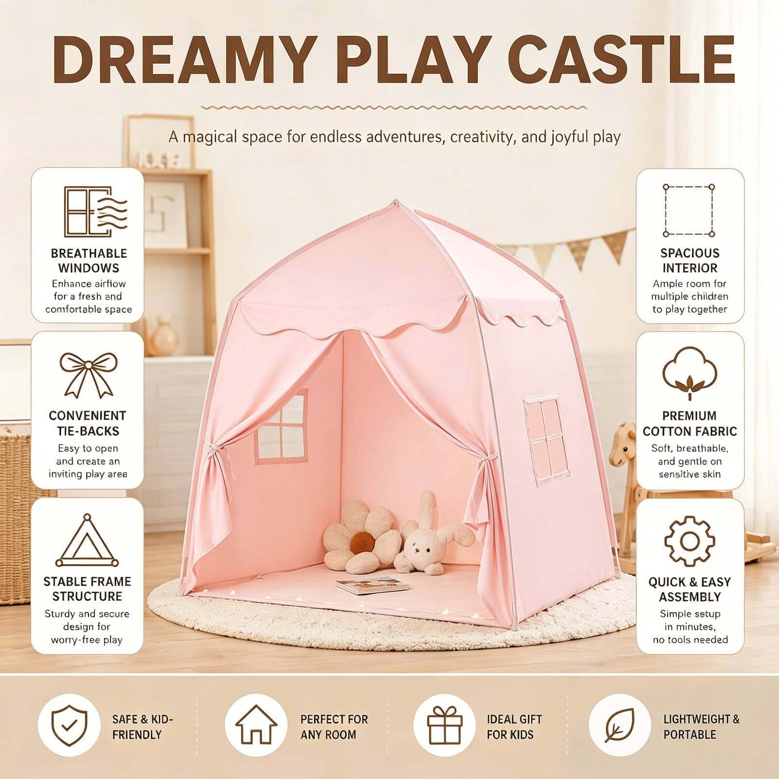 Kinderzelt Indoor Spielhaus Kinder Tipi Zelt für Kinder - Großes Spielzelt Kinder Indoor mit Lichterkette, Faltbar Kinderzelt für Kinderzimmer Oder Garten 150x100x150 cm (PINK)
