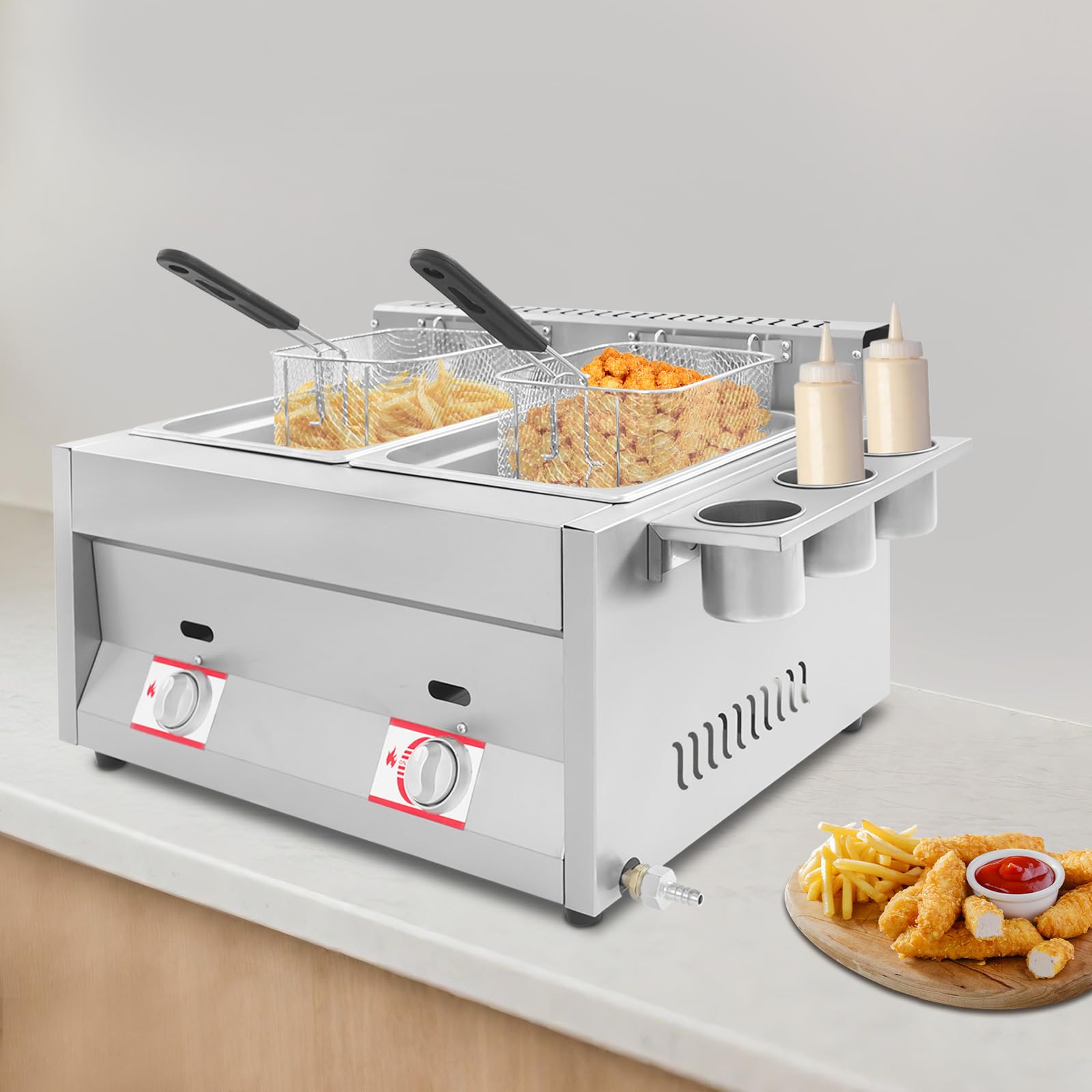 Freidora de gas doble, acero inoxidable, con dos recipientes de 6 L y cesta, rango de temperatura de 50 – 380 °C, freidora de gas con 3 vasos de especias para hogares, restaurantes, bares de comida