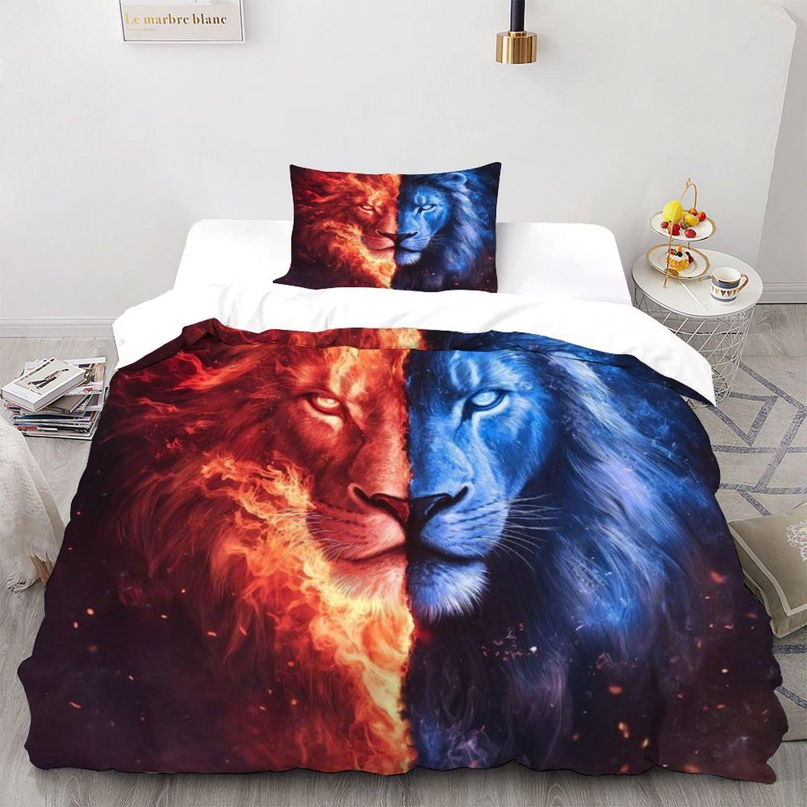 Housse de couette lion de feu et glace 135x200 avec 2 taies d'oreiller animal en microfibre