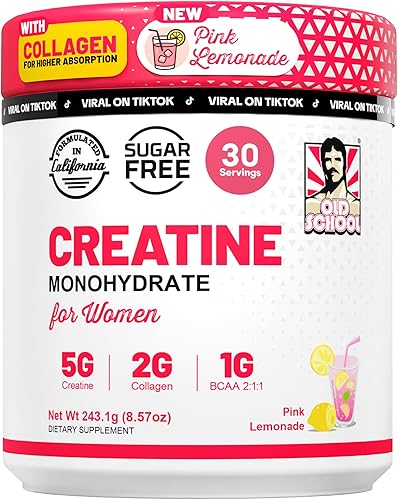 Old School Labs Monohidrato de creatina en polvo de 0.18 oz con colágeno y BCAA - Fórmula para mujer después del entrenamiento para reparación y