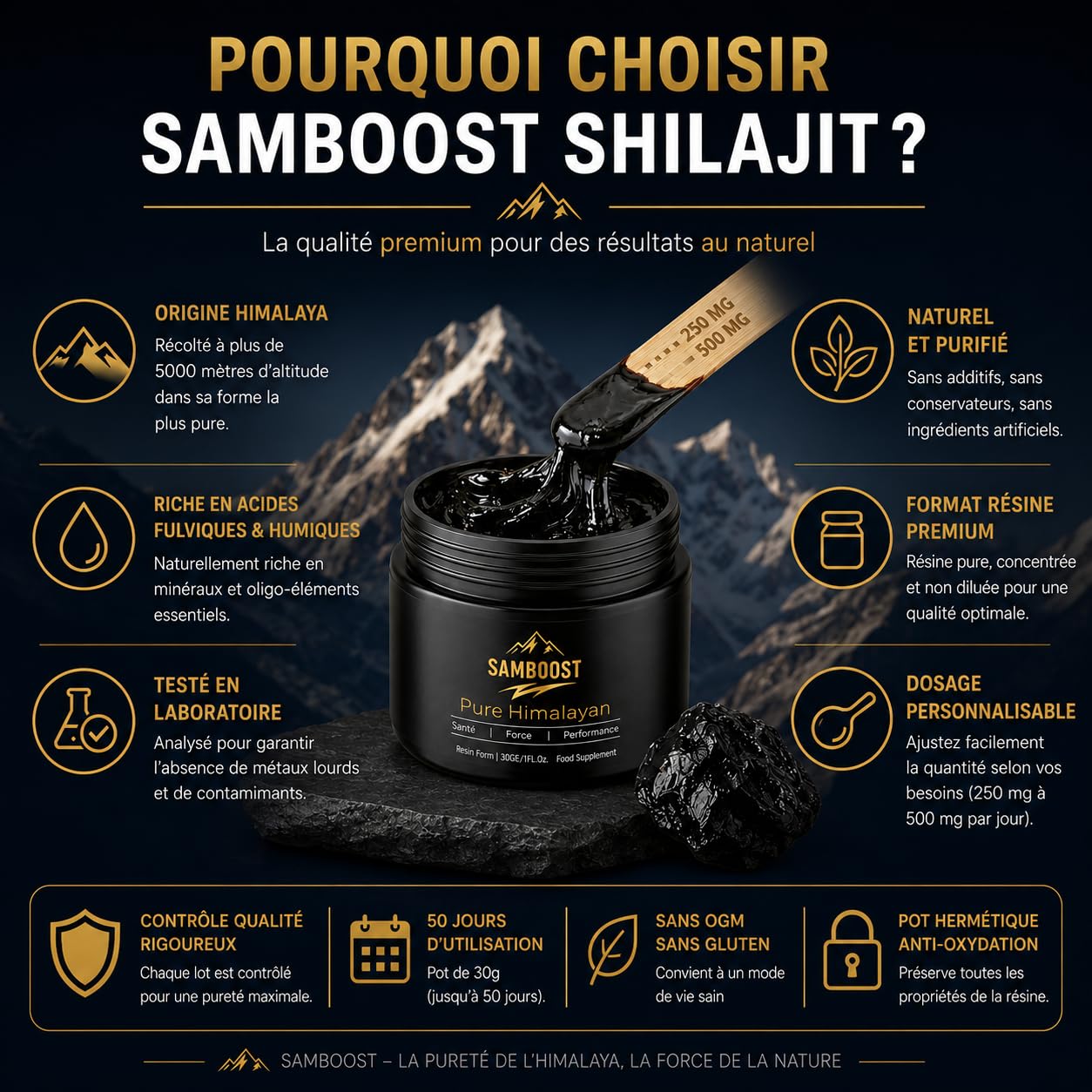 Shilajit Résine Pure 30g – Grade Premium Himalaya – Complément Alimentaire Naturel – Énergie, Vitalité & Immunité - 75% Acide Fulvique