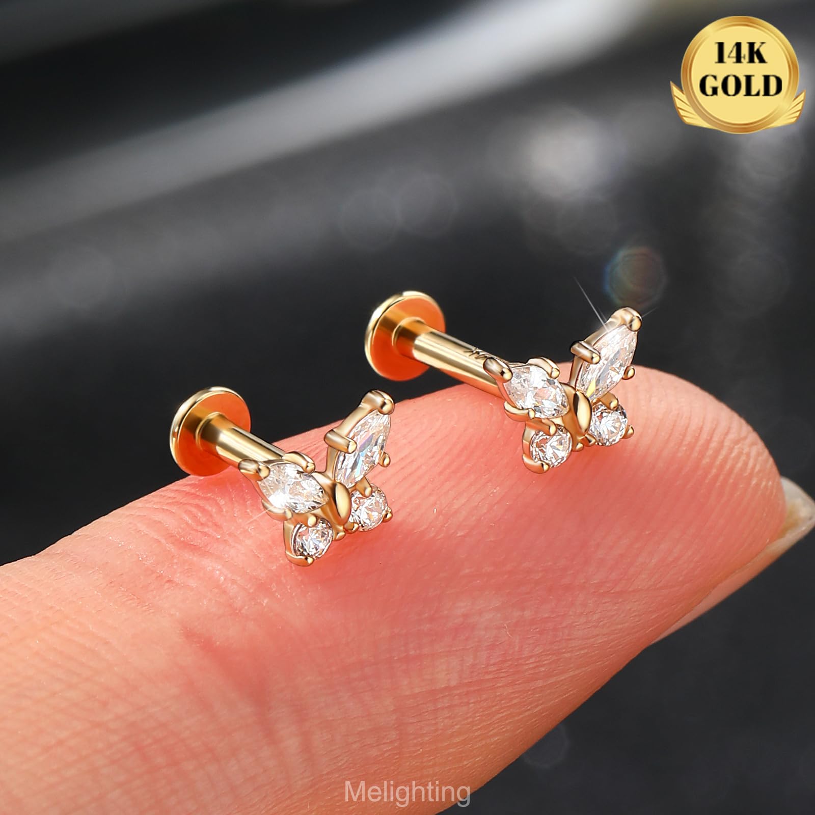 Melighting 14K Gelbgold Knorpel Ohrring Innengewinde Labret Stud Flach Zurück Ohrring CZ Stern Helix Stud Schmetterling Lippen Piercing Schmuck 6MM/8MM
