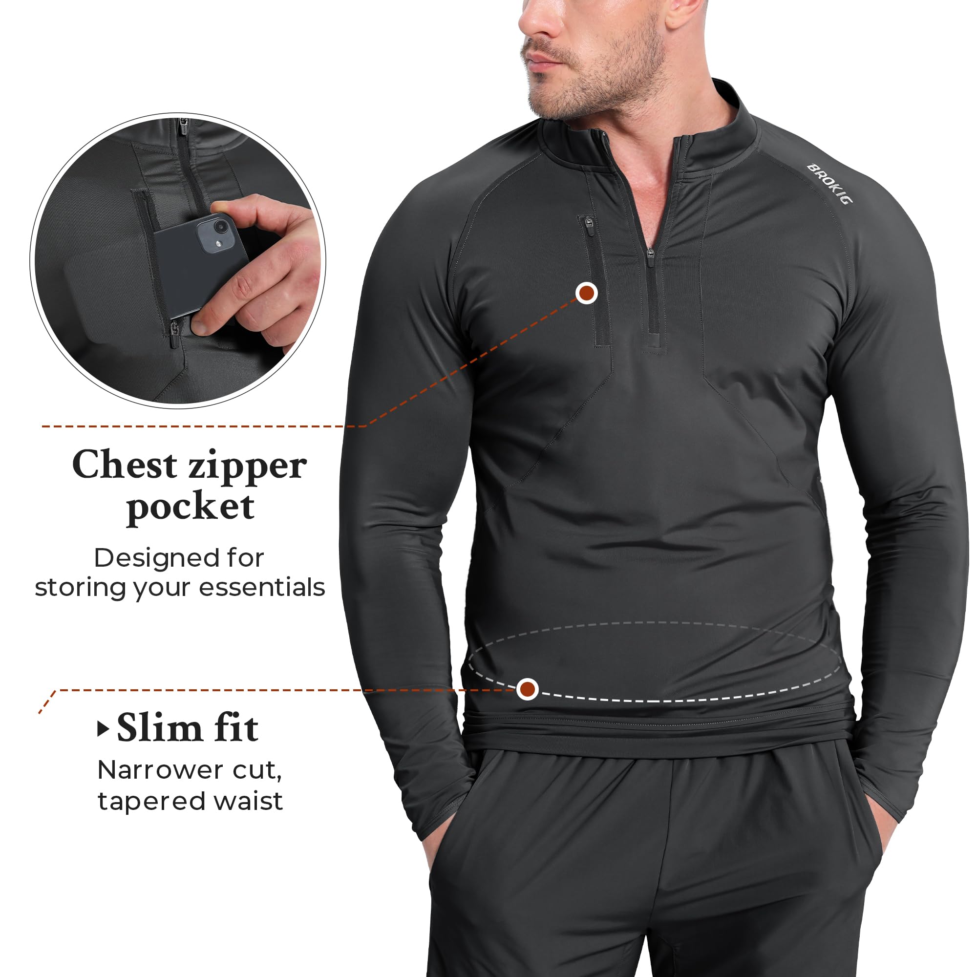 BROKIG WindBreak - Sudadera deportiva de manga larga con cremallera de 1/4 para hombre, ligera, para exteriores, UPF 50+, con bolsillos