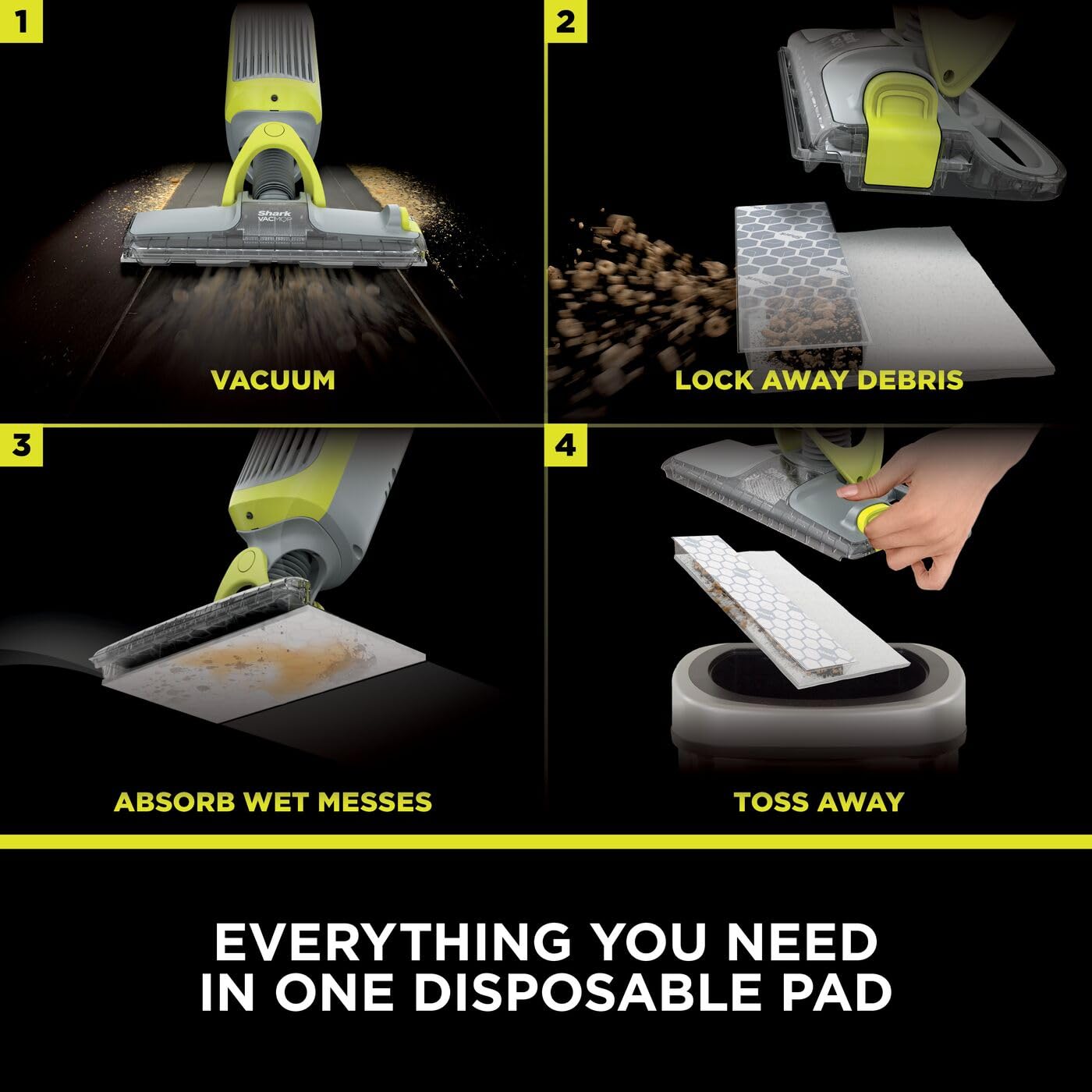 Shark VacMop 2 en 1 trapeador de vacío inalámbrico para suelo duro, 6 recambios de almohadillas desechables, limpiador de suelos multisuperficie de 355 ml, ligero 1,5 kg, almohadillas desechables sin