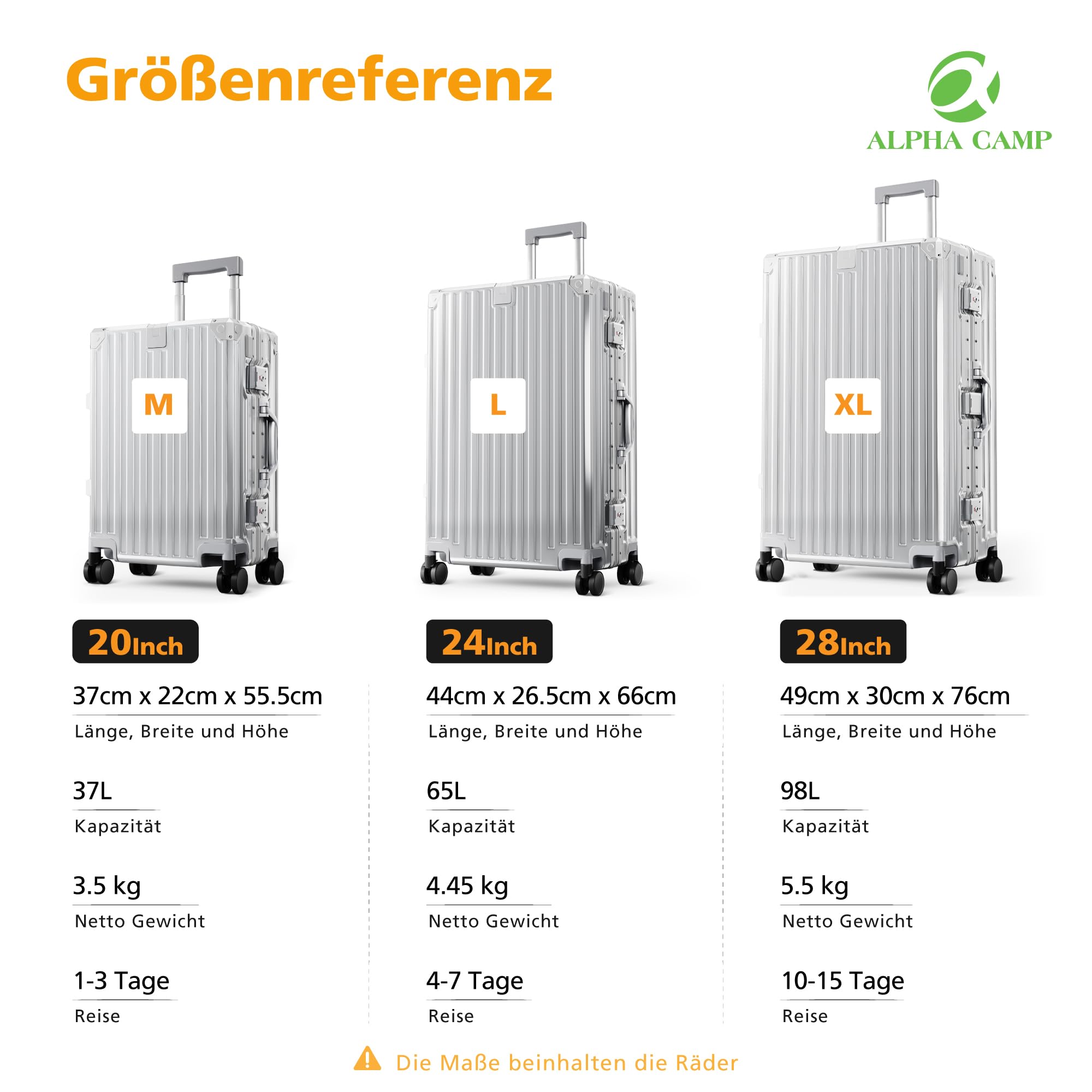 ALPHA CAMP Valise Grand Taille 44x26.5x66CM Valise avec Serrure TSA Valise Rigide à roulettes Polycarbonate et Cadre en Aluminium Valise Argenté Femme Bagage de Voyage Luggage 65L