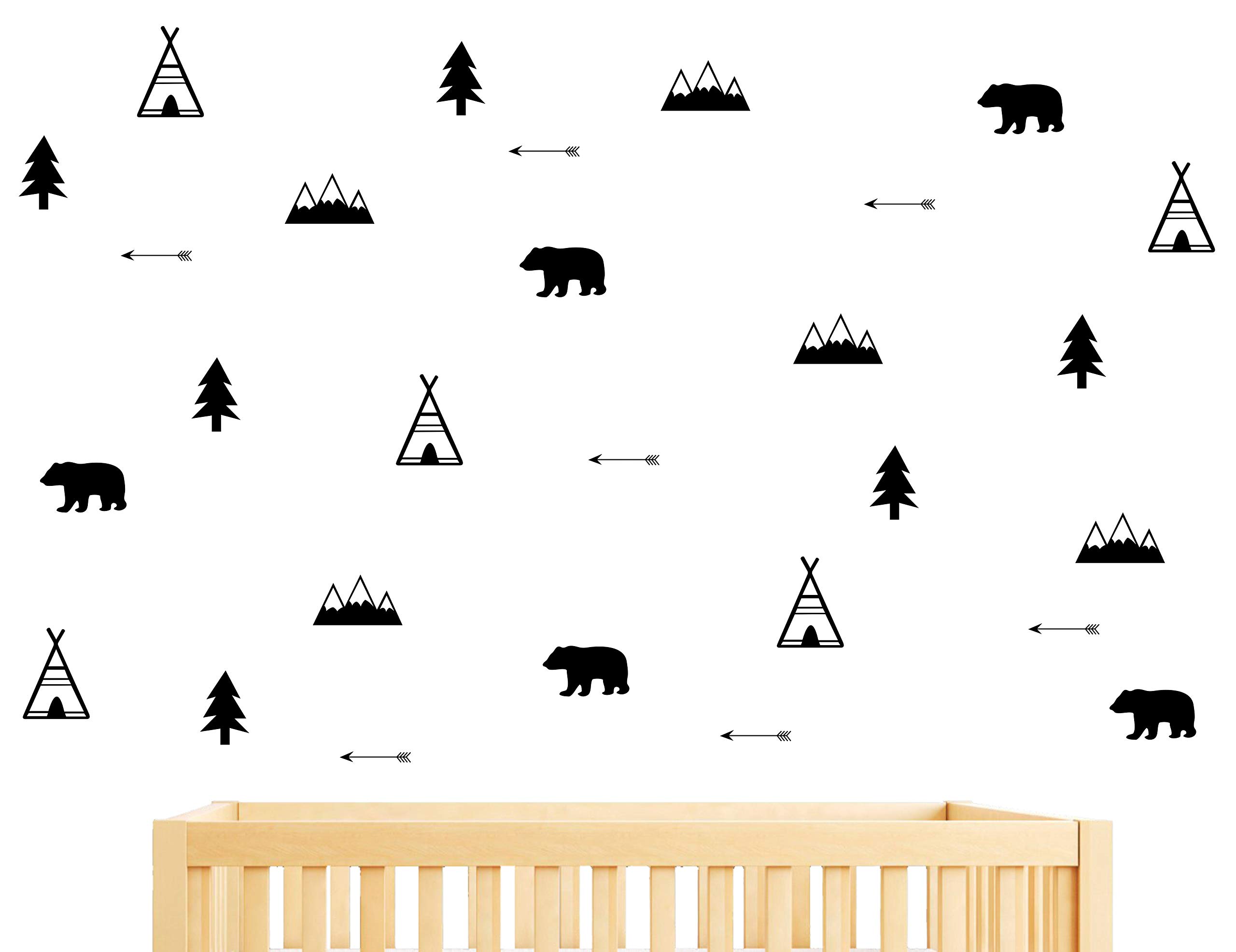 Woodland Wall Decal, Bears, Arrow, Teepees, Trees and Mountains Decor, Matte Vinyl Wall Stickers for Baby Bedroom, Nursery Wall Decals(Y05) (Black)