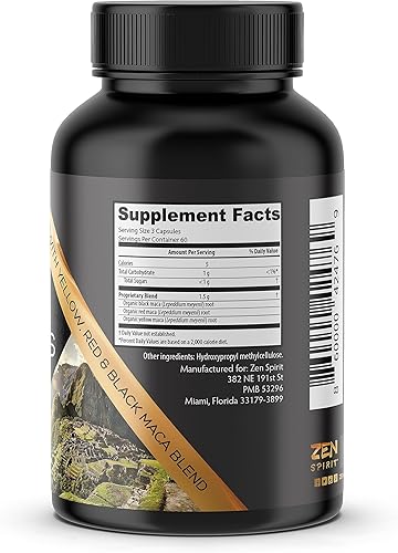 Miniatura 11 de Zen Spirit Cápsulas de raíz de maca gelatinizadas, mezcla de polvo amarillo, rojo y negro, certificado orgánico y vegano, 180 píldoras de 500 mg