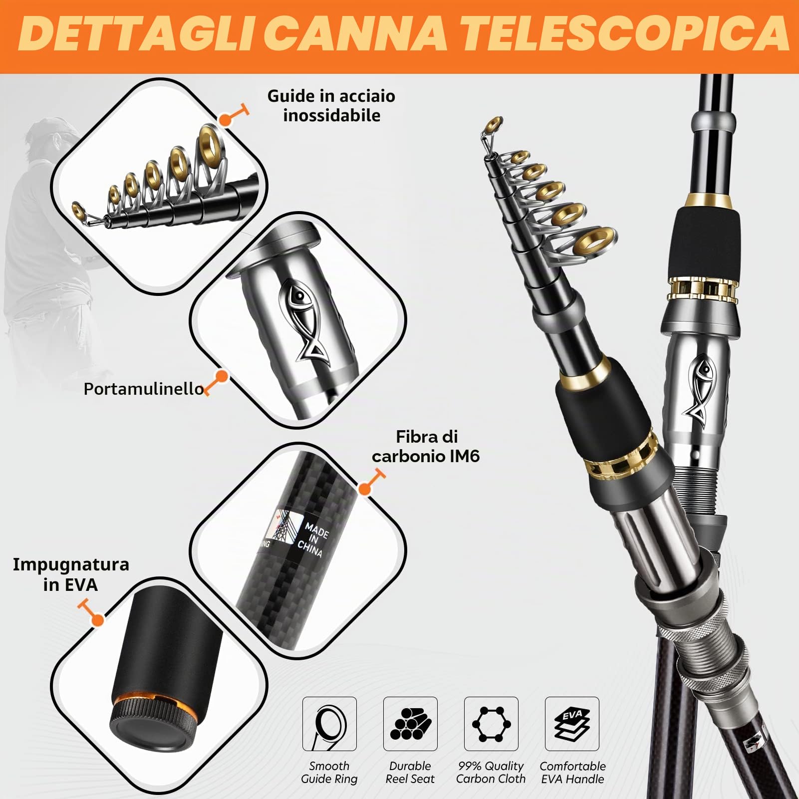 Plusinno Kit completo di canna da pesca telescopica in fibra di carbonio, mulinello BB con 12+1 cuscinetti schermati in acciaio inox, confezione da 2