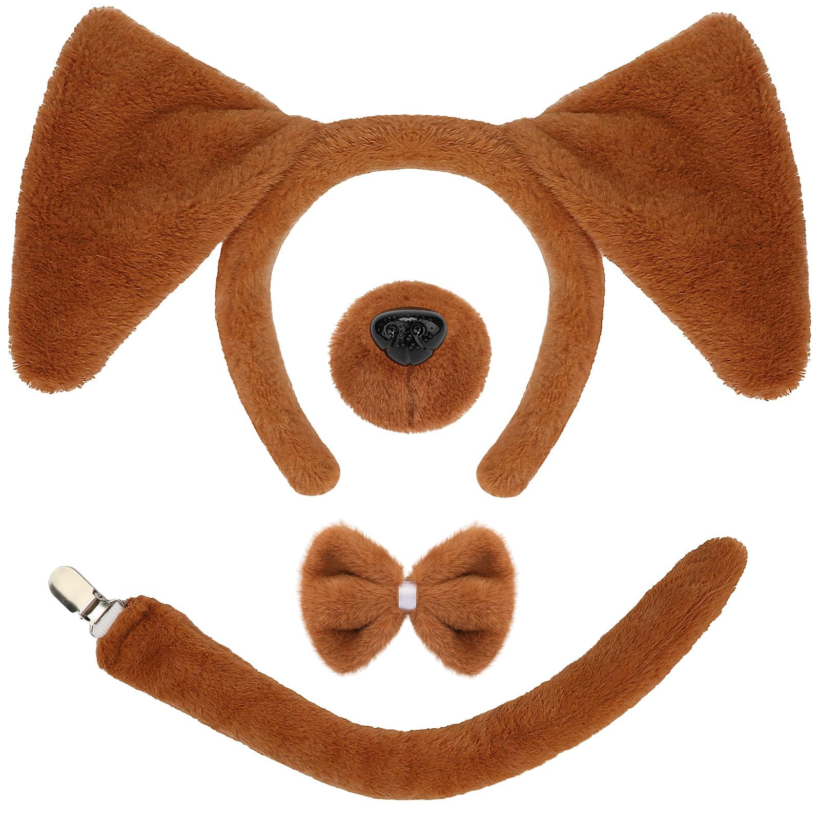 Mototo Dog Costume Set 4 PCS Puppy Animal Costume Brown Puppy Ears Headband and Tail Nose Bow Tie Accessories for Adult Kid Halloween Christmas Theme Party Animal Cosplay