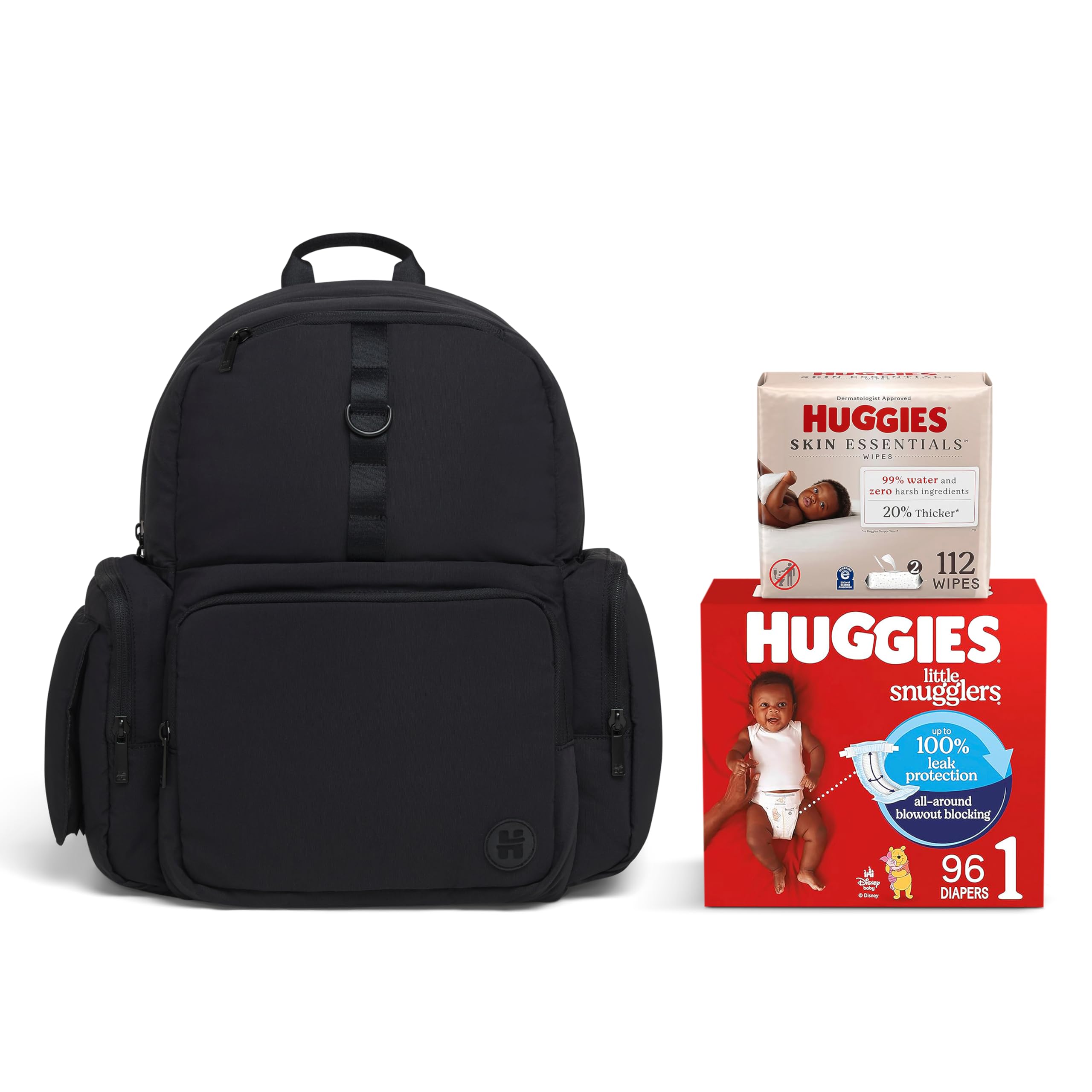 Bundle of Diaper Bag + Little Snugglers Baby Diapers+ Skin Essentials Baby Wipes by HUGGIES – One Size, Black/Bundle, Pack of 3, Model Day Pack Diaper Backpack