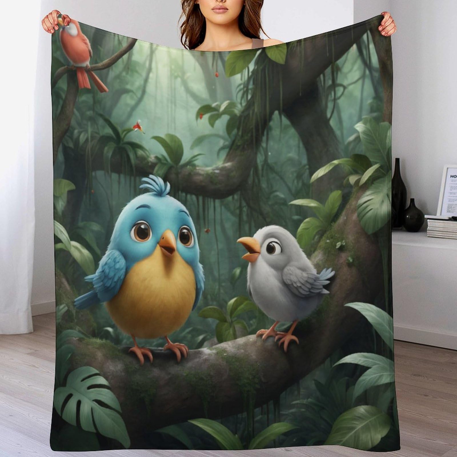 Couverture chaude et lavable en machine en flannel douce de 180×200cm motif oiseau