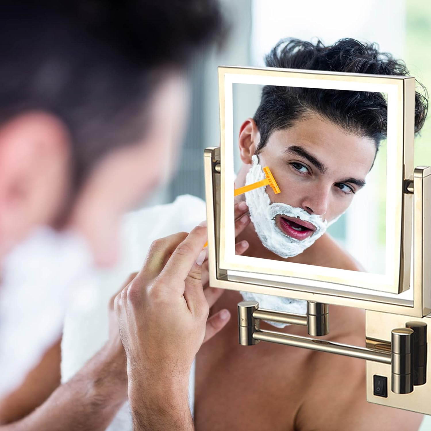 Makeup Mirror with Light, 360° Swivel Bathroom Shaving Mirror Wall-Mounted 3X Magnifying Mirror Double-Sided Extendable Mirror 8" Square Gold Vanity Mirror, USB Rechargeable