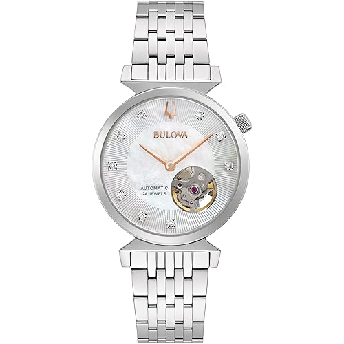 Bulova Women's Regatta Diamond Automatic Stainless Steel Open Aperture Watch, Mother of Pearl Dial Style: 96P222