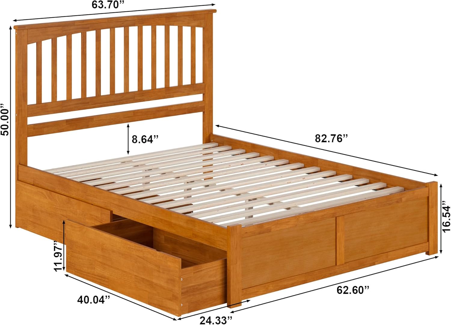 AFI Mission Queen Solid Wood Platform Bed with Footboard & Storage Drawers in Light Toffee
