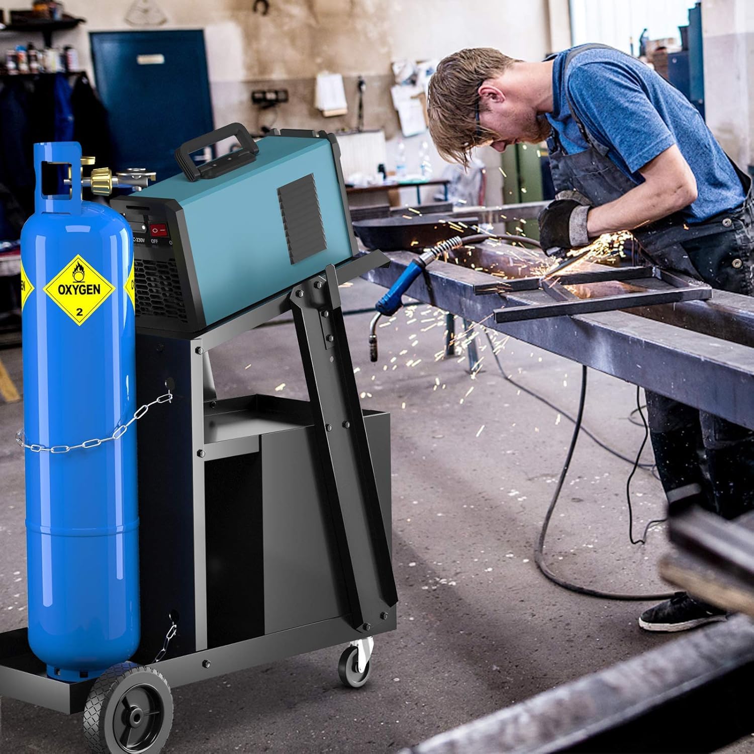 GOPLUS Carro de Soldadura Móvil, Organizador de Taller con 4 Cajones, Ruedas y Cadena de Seguridad para Bombona de Gas, Carrito de Herramientas para Soldador y Cortador de Plasma, Carga 45 kg