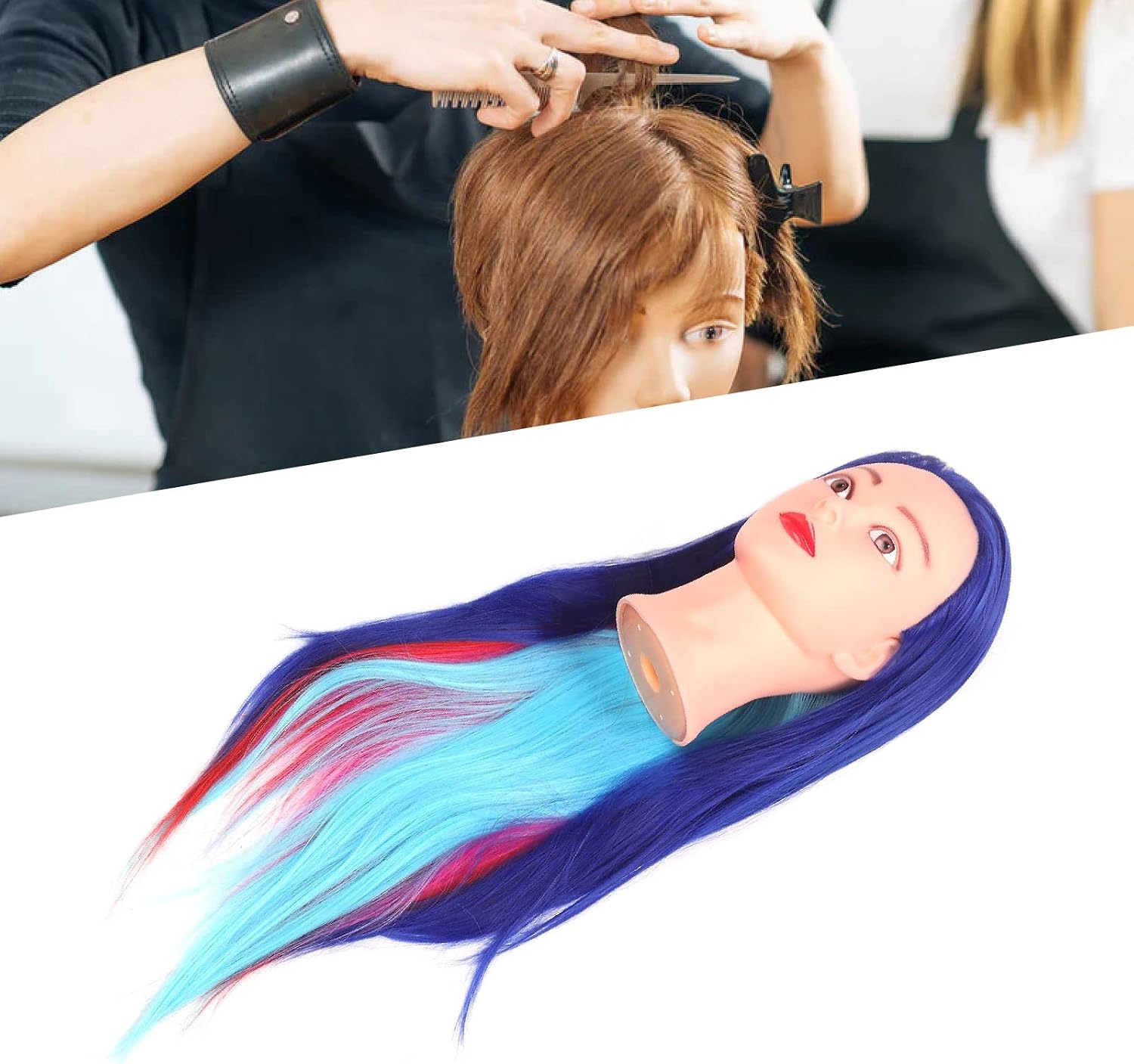 Mannequin Training Head with Long Color Hair for Hairdressing Practice and Wig Display High Temperature Fiber Mannequin Doll for Styling Ironing Dyeing