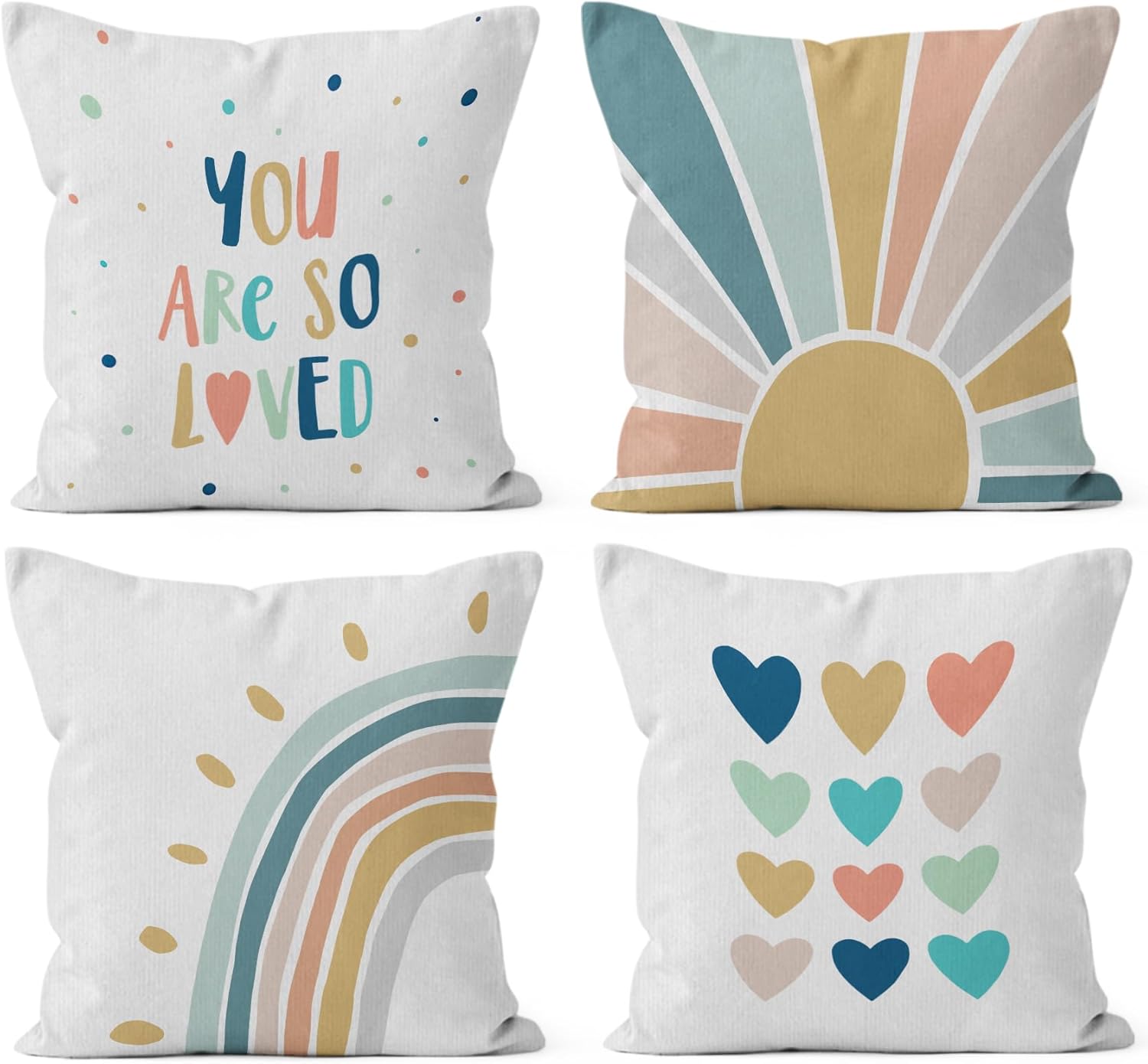 HIWX Boho Rainbow Pillow Cover, You are So Loved Decorative Throw Pillow Cover, Classroom Pillows, Sunshine Rainbow Sun for Classroom Nursery Room Decor Set of 4 Pillowcase 18 x 18