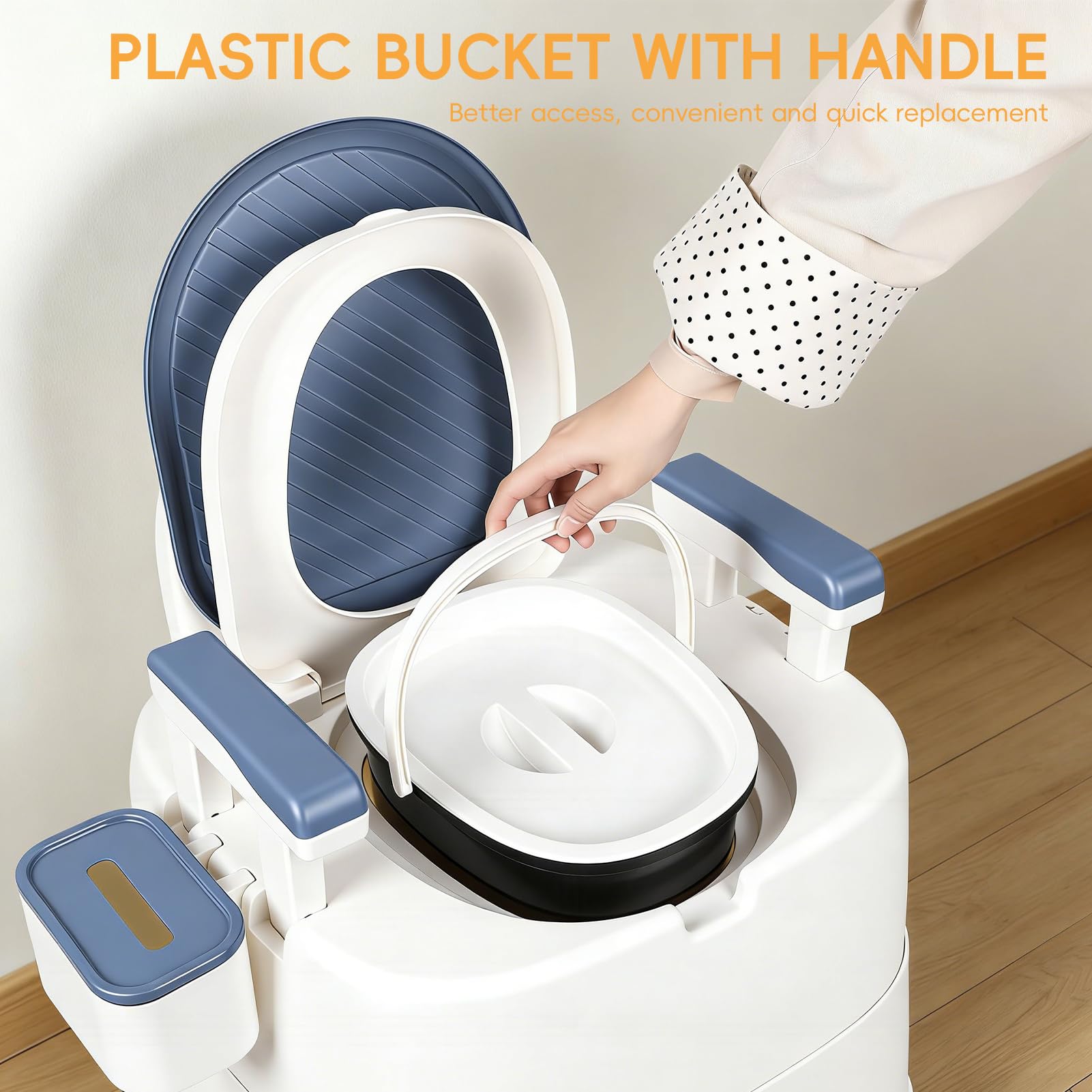 Portable Commode Chair with Removable Armrest, Bucket & Paper Holder