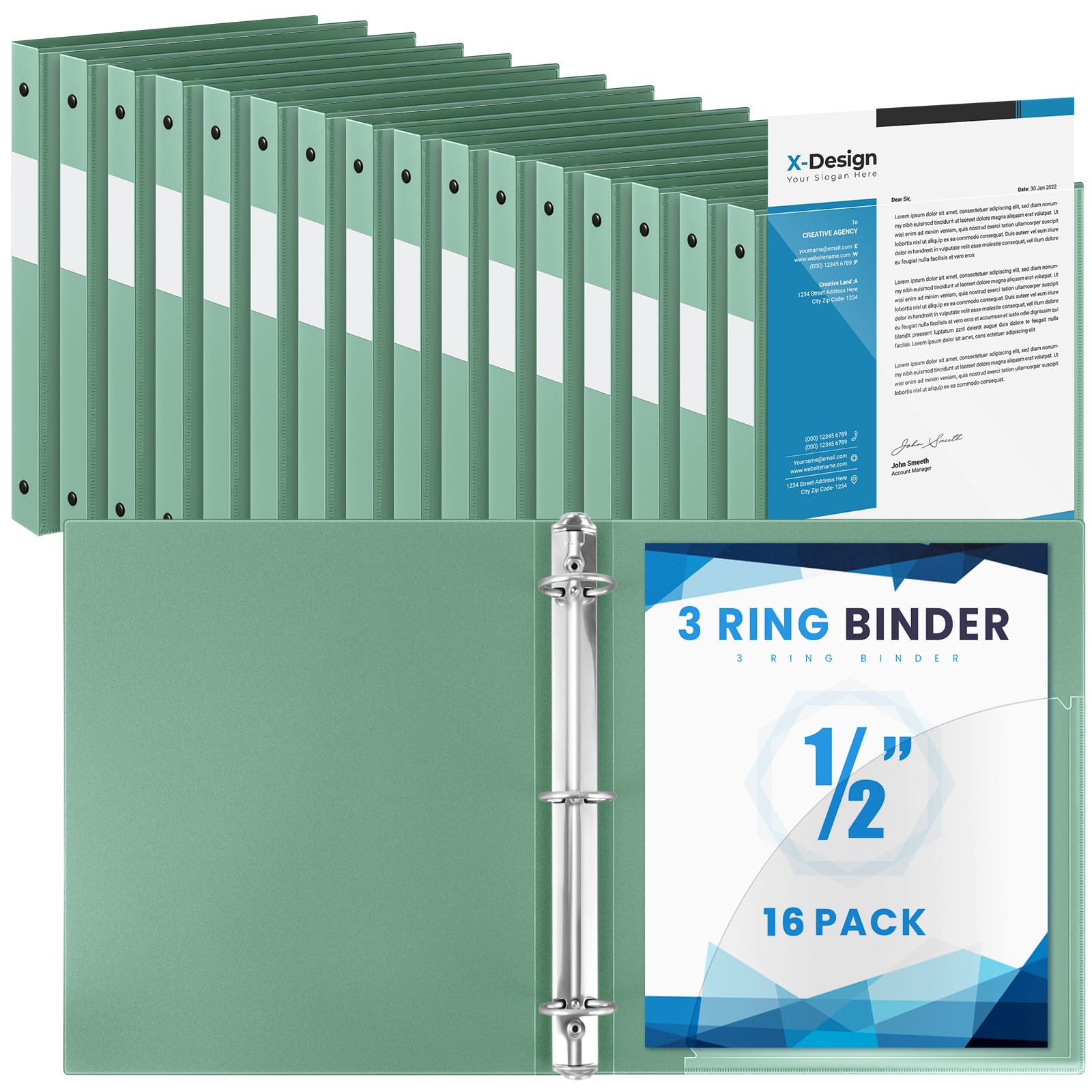 Henoyso 16 Pack 1/2 Inch 3 Ring Binder with Clear Cover Fit Letter Size 8.5" x 11" Paper Holds 140 Sheets, Bulk Binders for Organizing School, Office &amp; Classroom Documents, 1 Pocket (Sage Green)