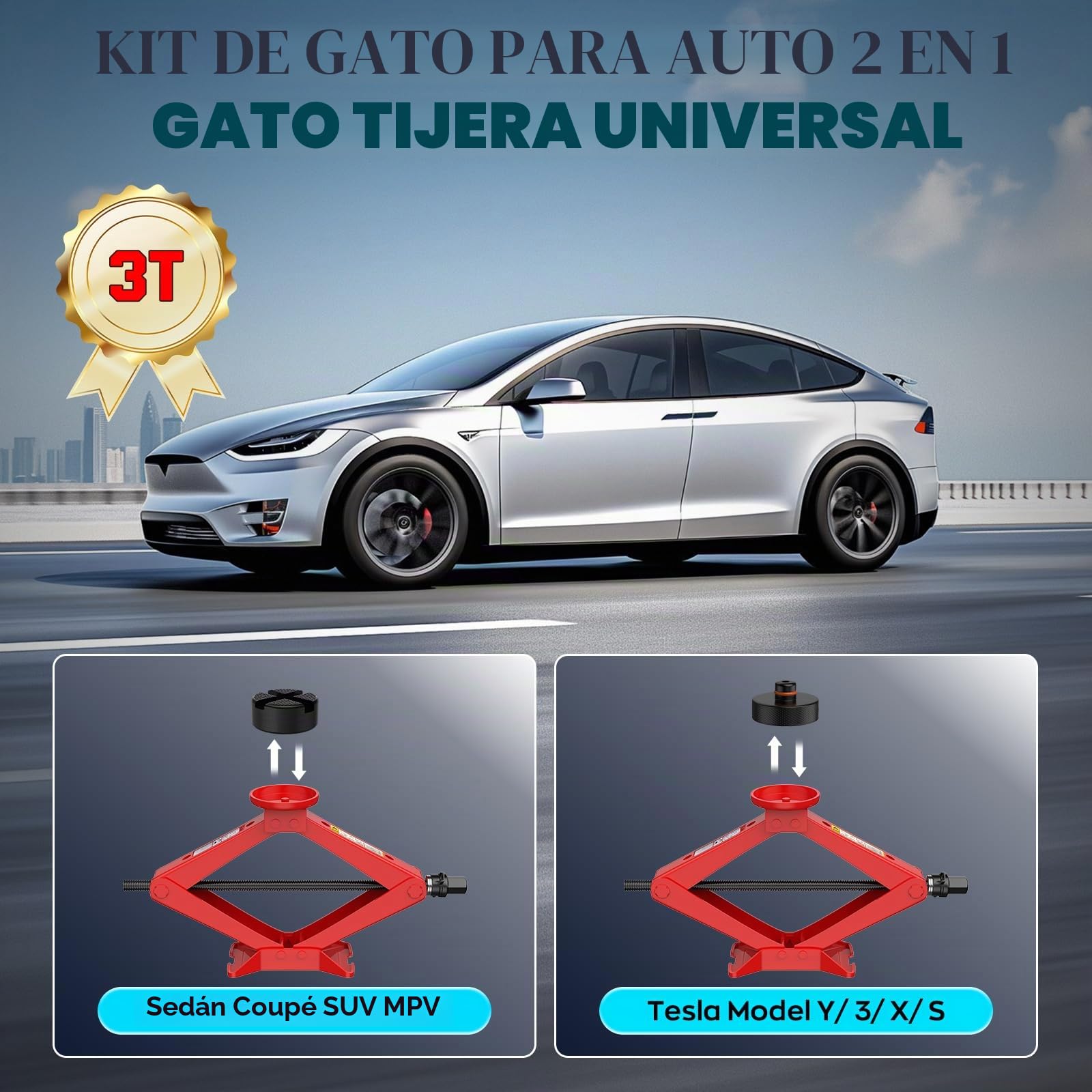 IMAYCC Nueva Actualización Gato para Coche 3T/3000kg,Kit de Gato Coche Universal con 2 Piezas Bloque de Goma, Portátil Kit de Emergencia con Llave de Tuercas de Rueda para SUV MPV Tesla