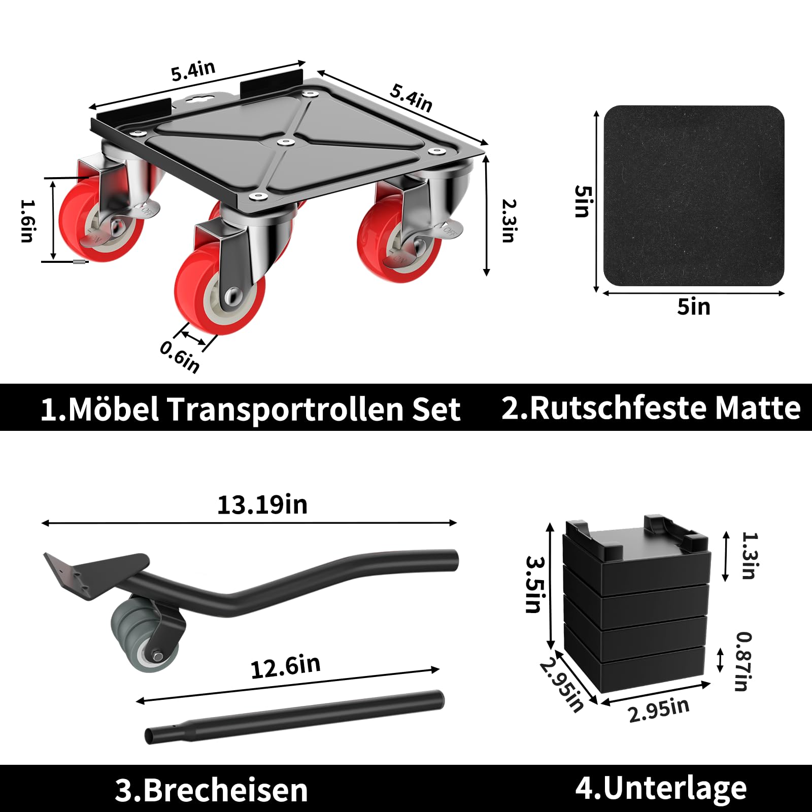 Zestaw kółek transportowych do mebli, 18 cm, stalowy wspornik kół, 4 koła, wózek meblowy do przenoszenia, maksymalne obciążenie 400 kg, 4 sztuki i zestaw podnośników do mebli córki (5 kółek)