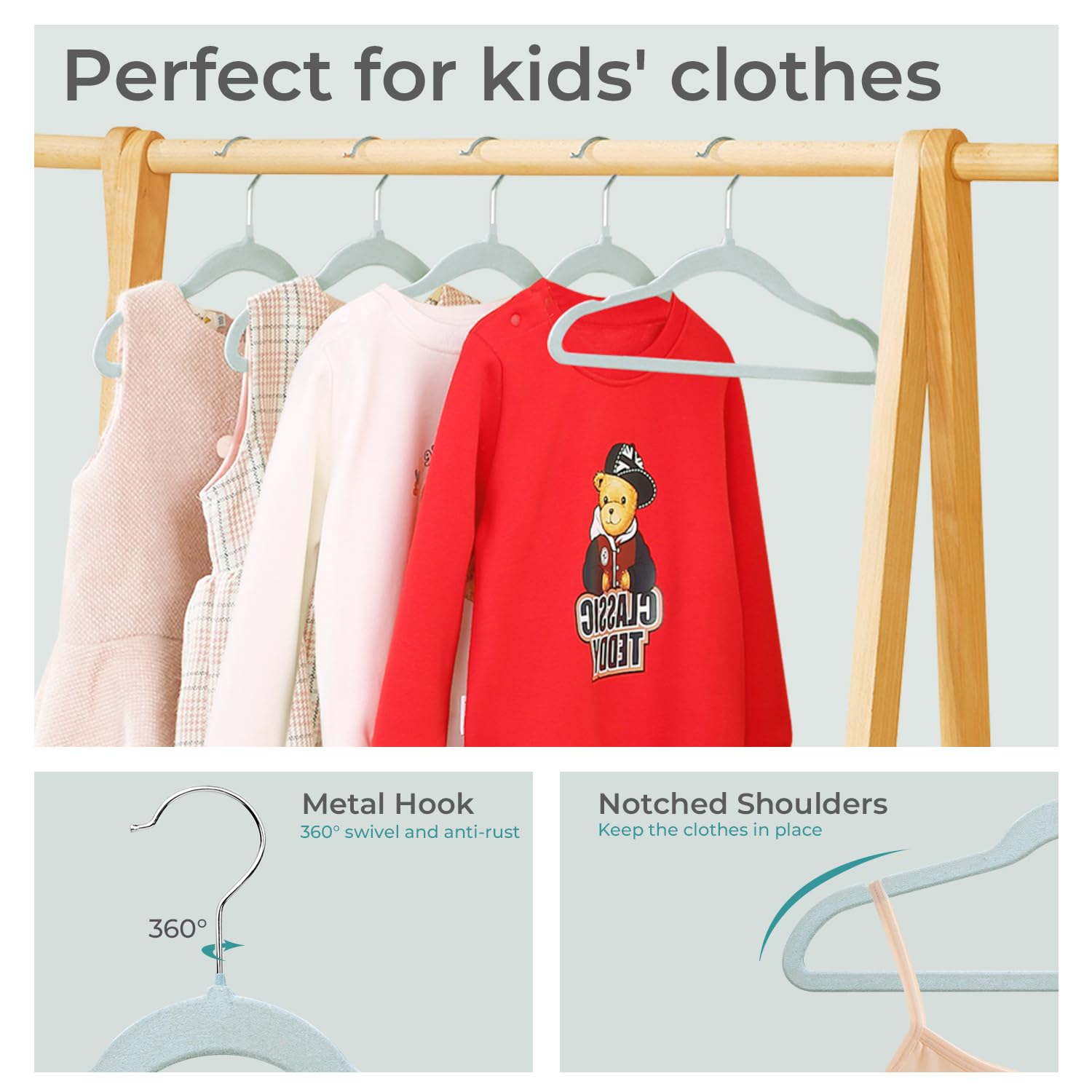 ManGotree Kids Velvet Hangers, Non-Slip Children's Clothes Hangers, Space Saving Schoolchild Hanger with Swivel Hook - Image 3