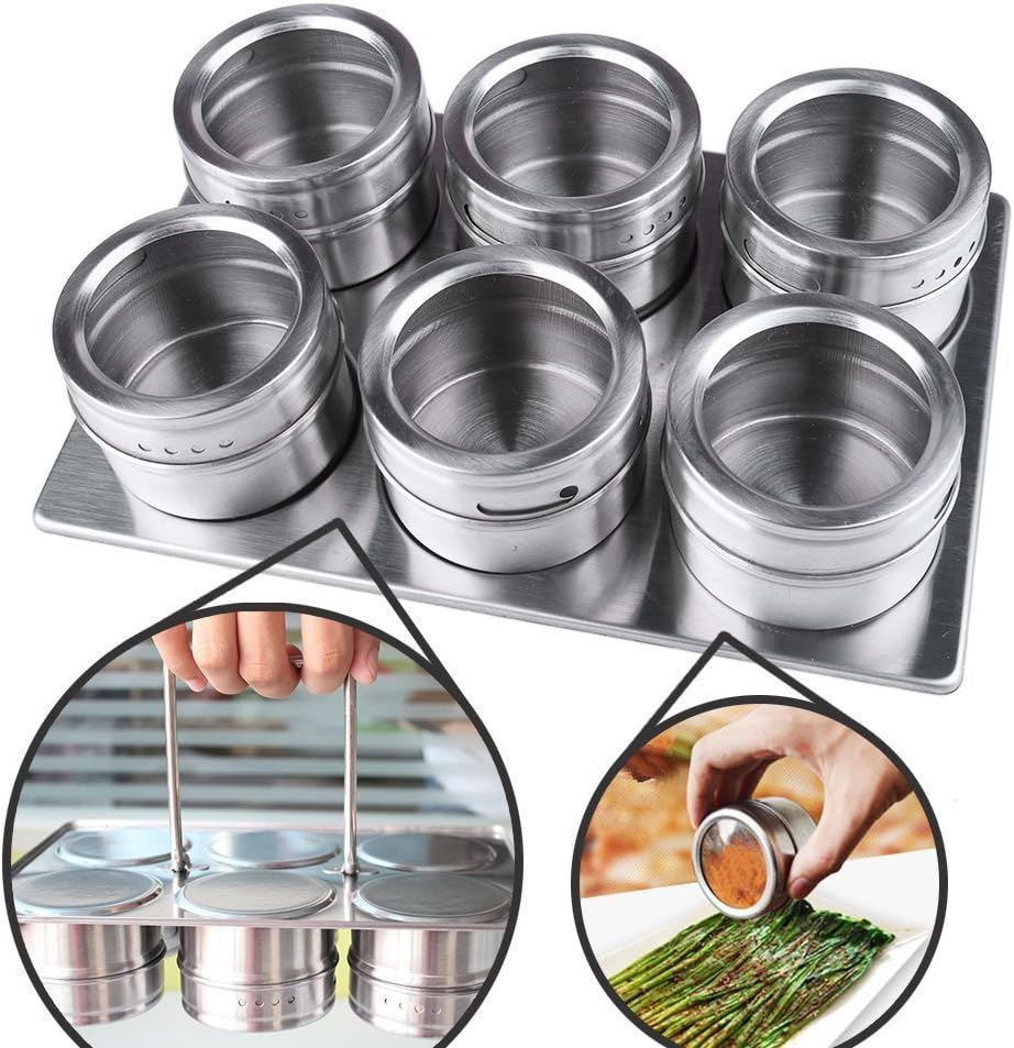 Multi-Purpose Stainless Steel Spice Jars Round Storage Spice Rack Set, 6 Jars, Clear Shift and Pour Lid