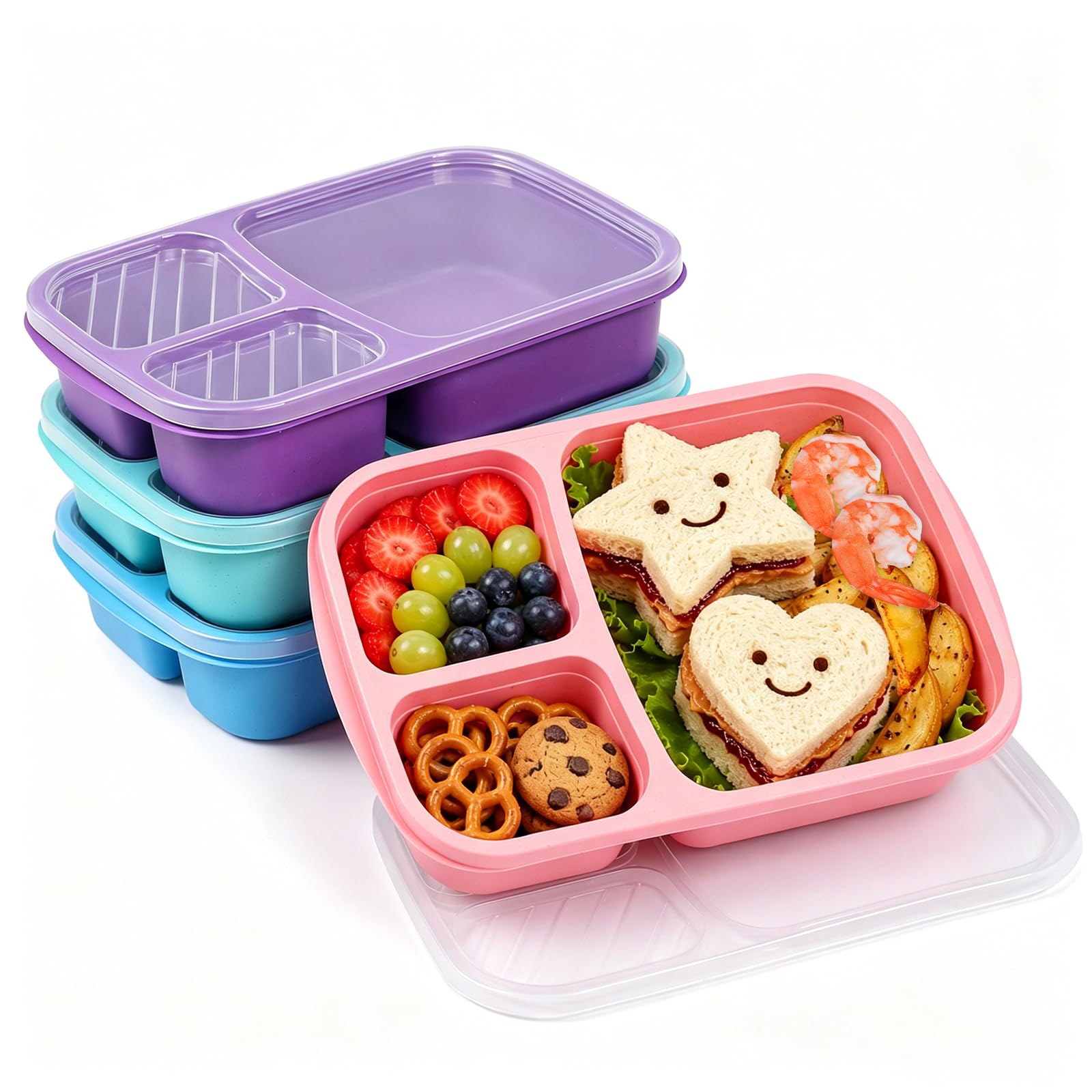 4 Pack Bento Lunch Box Set 3 Compartment Food Storage Containers Wheat Straw Meal Prep Lunch Box Plastic Food Storage Containers, Microwave and Dishwasher Safe (Vivid Colors)