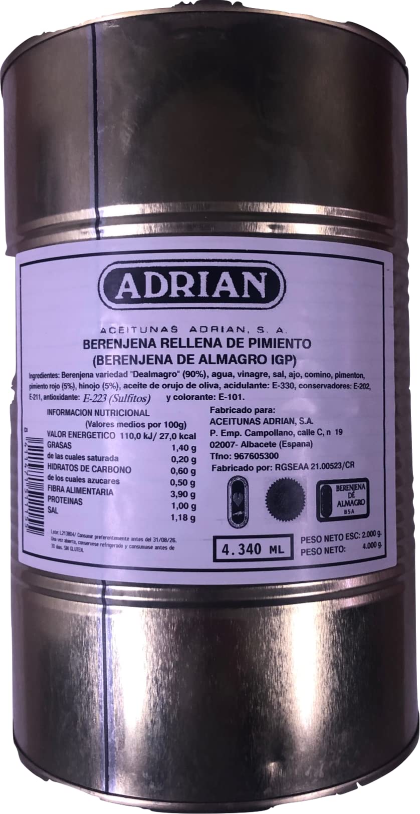 Berenjena de Almagro IGP Rellena de Pimiento 4 Kg