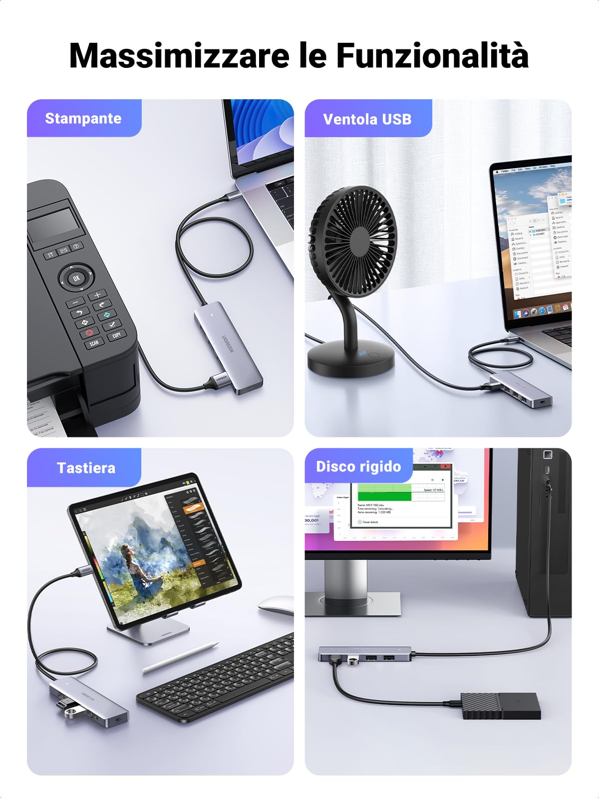 UGREEN Hub USB C 4 Porte 5Gbps Dongle Adattatore Type C OTG per iPhone 17 PRO Max Air, MacBook PRO Air M3 M2 M1, Galaxy S24 Ultra, Surface (60cm)