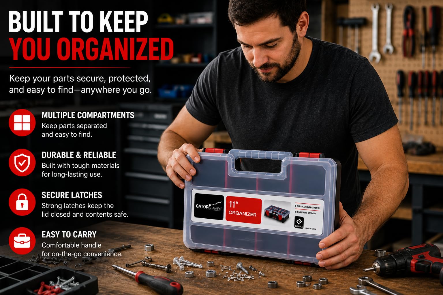 Compact Parts Organizer Box – Small Hardware Storage Case with 9 Compartments & 5 Dividers – Durable Nylon Screw, Bolt, Craft Organizer for Toolbox, Drawer, or Garage Use