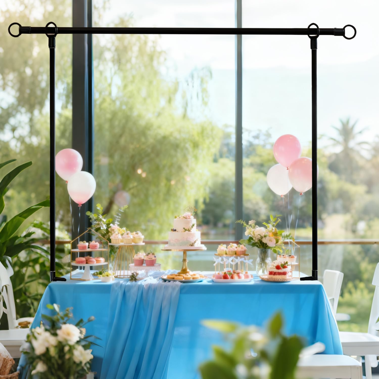 Over The Table Rod Stand with Clamps, Adjustable Metal Balloon & Flower Arch Kit (29"-42" Tall, 28"-98" Length),Black Table Arch Frame Hanging Party Decor for Wedding Birthday Home Party Decoration