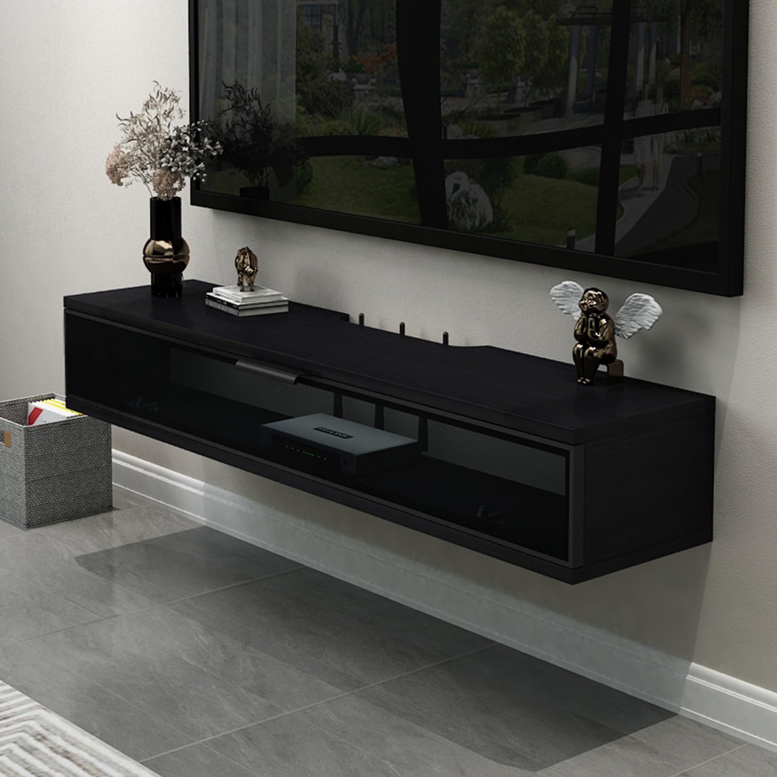 Nowoczesna pływająca konsola telewizyjna z pokrywkami i klapkami - naścienne centrum rozrywki do salonu i sypialni elegancki czarny design 120 x 23 x 20,2 cm