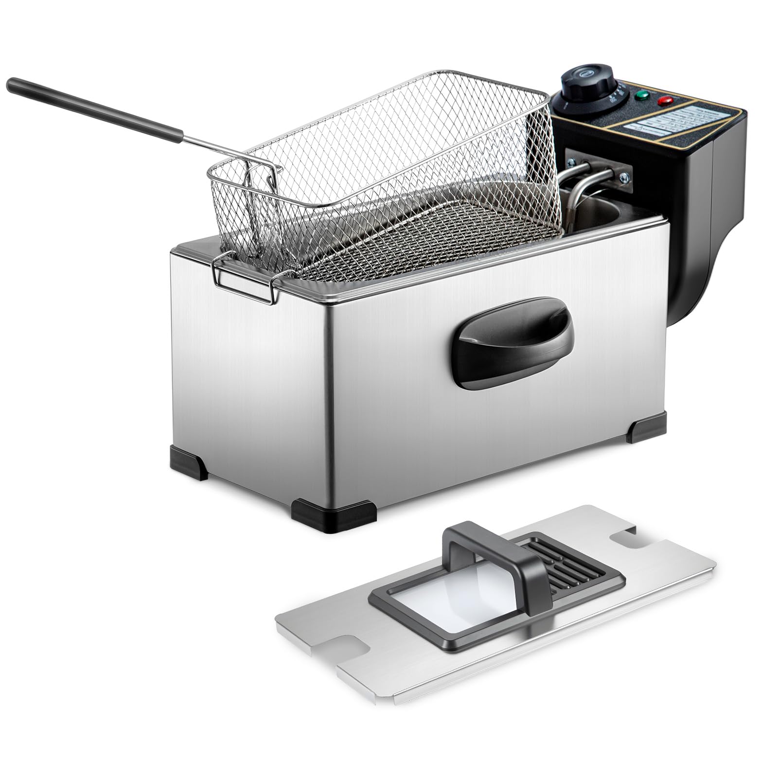 CROWNSHOP Deep Fat Fryer 3L 2000W Stainless Metal Adjustable Temperature Control Deep Non-Slip Easy Clean Fryer with Basket Lid Silver (3L)