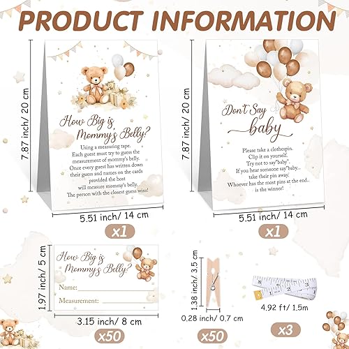Miniatura 2 de Suzile Juego de 105 piezas de oso marrón para baby shower, incluye 1 letrero de "Don't Say Baby con 50 mini pinzas para la ropa, 1 signo de vientre