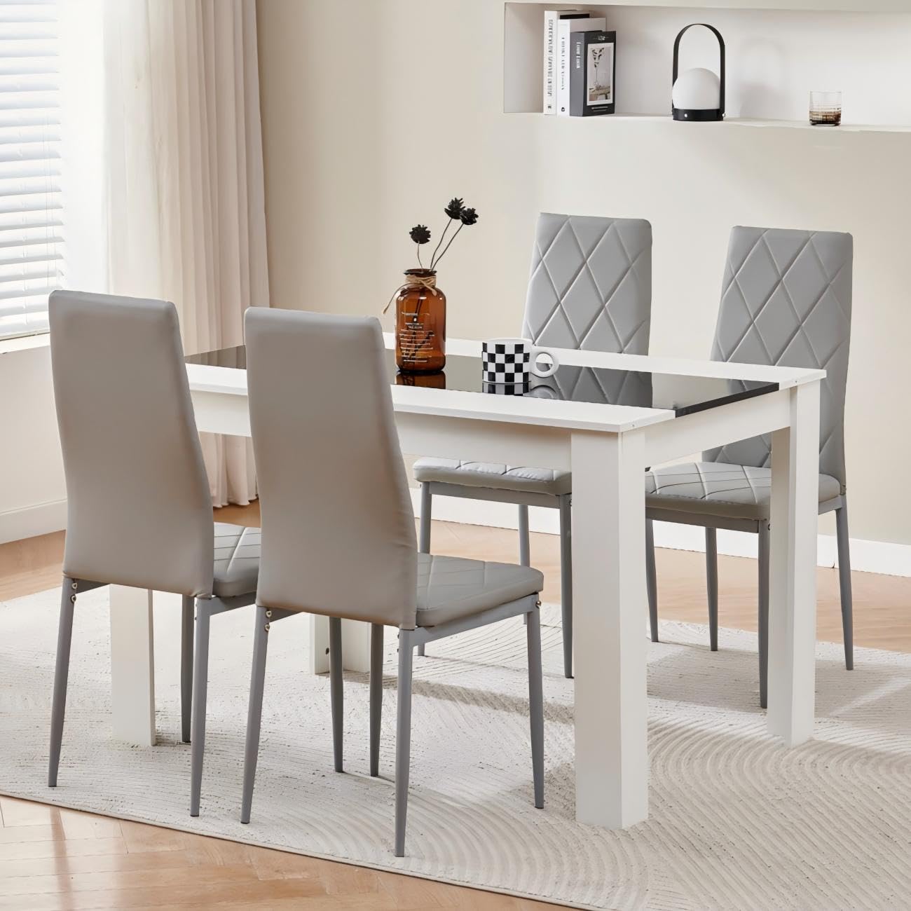 Homullel 120 cm Dining Table and 4 Chairs, 4 Seater Table and Chairs Set, Kitchen Dining Room Set for 4, Compact, Space Saving (Pu Gray #2, 120cm, 4 Seats)