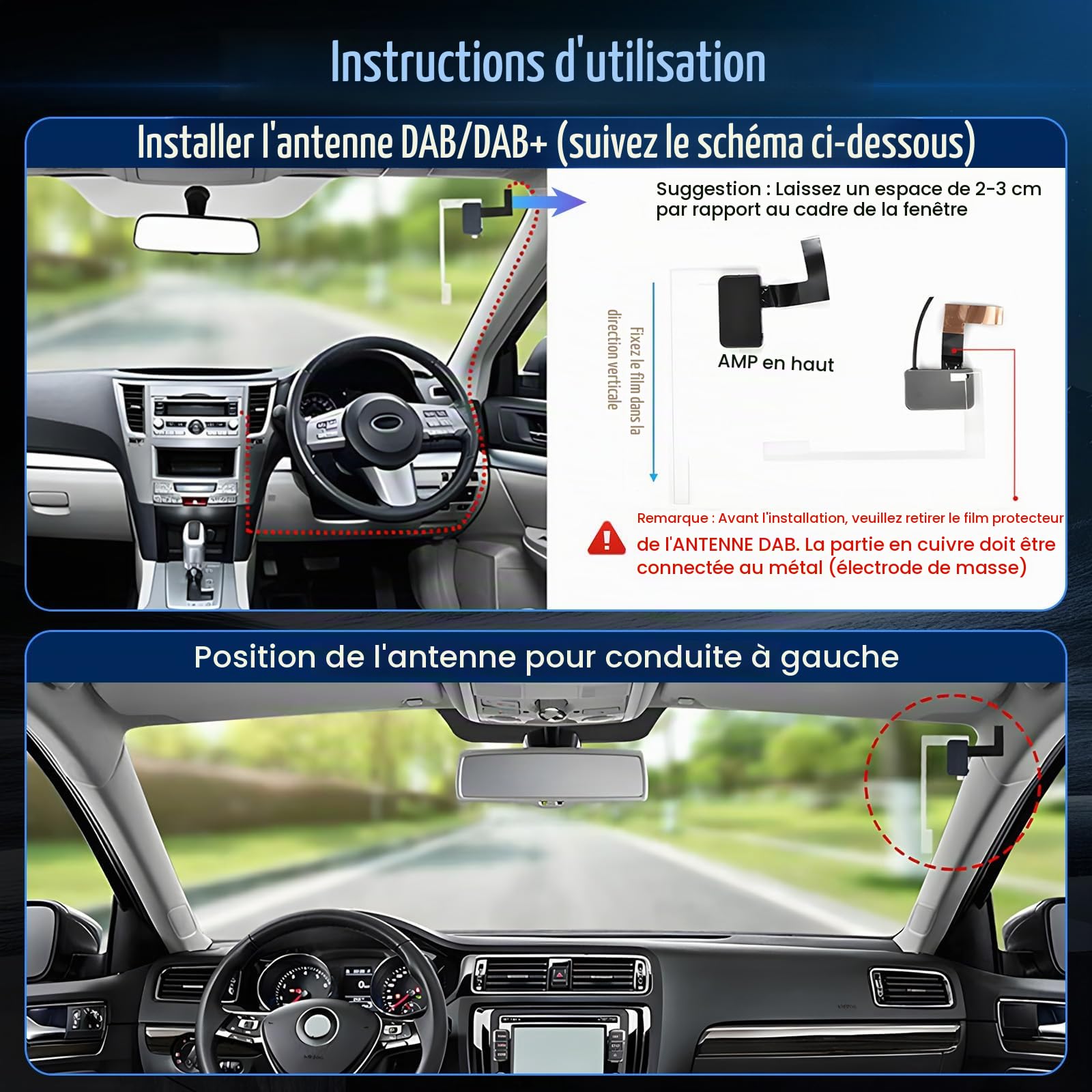 Inefala Dab/Dab+ Antennes pour autoradio 1 Din Stéréo 2 Din, Digital Audio Broadcasting pour Android Radio avec antenne SMA et USB 2.0