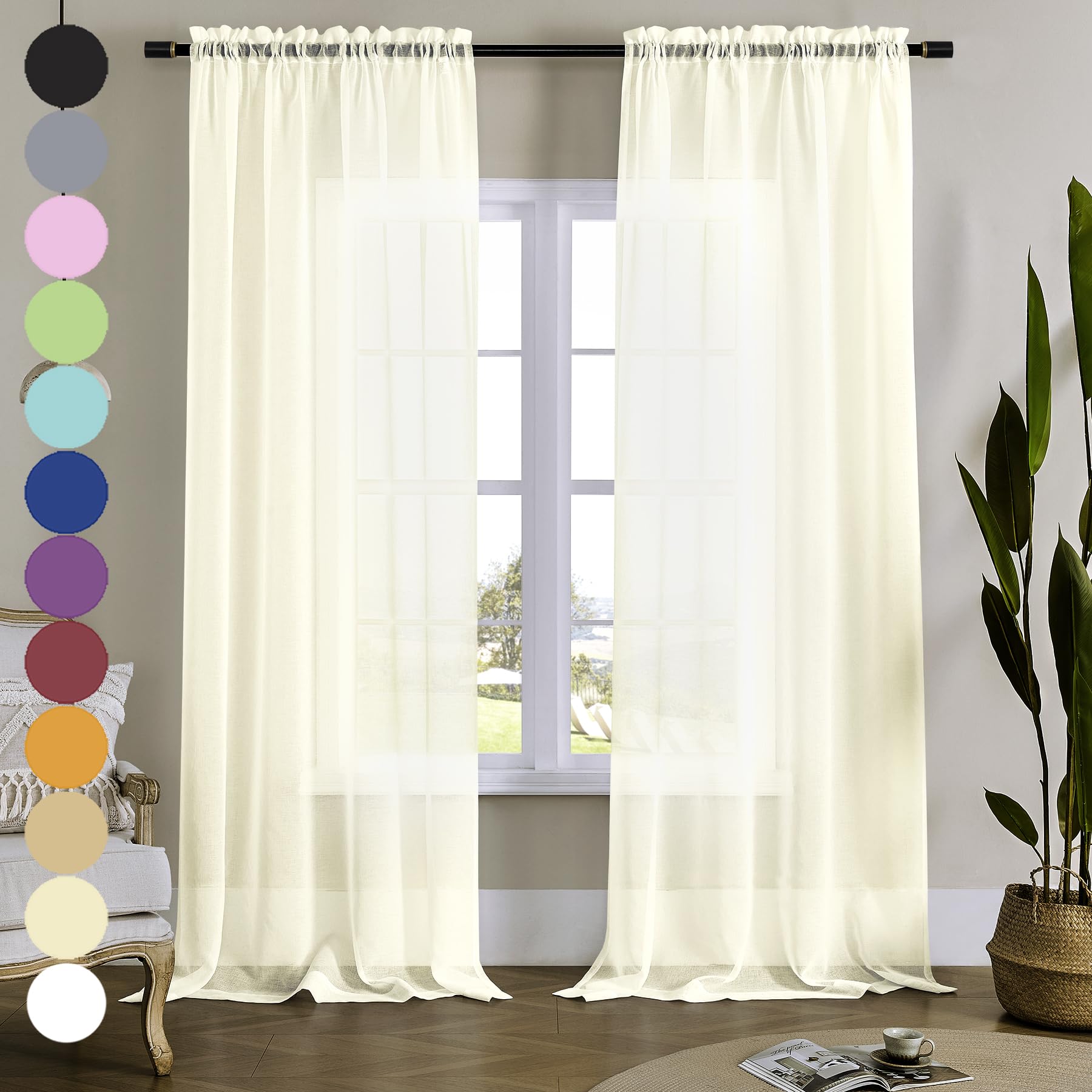 MYSTIC-HOME Sheer Curtains 84 Inches Long, Rod Pocket Sheer Drapes Bedroom, 2 Panels, Semi Crinkle Voile Window Treatments Parlor, Beige, 52" Wx84 L